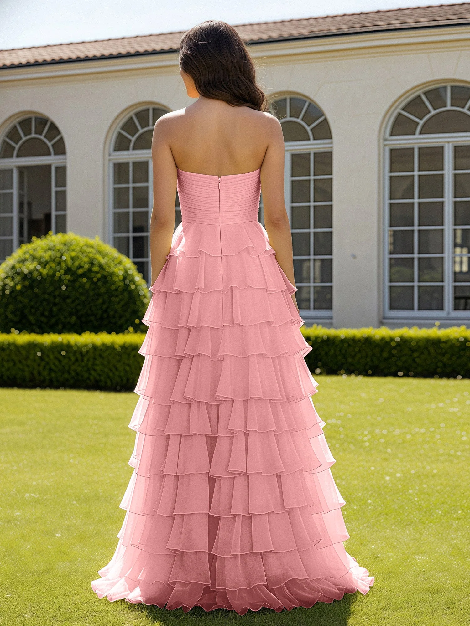 Chiffon Rüschen Herzform Ballkleid mit Schlitz Flamingo - Image 2