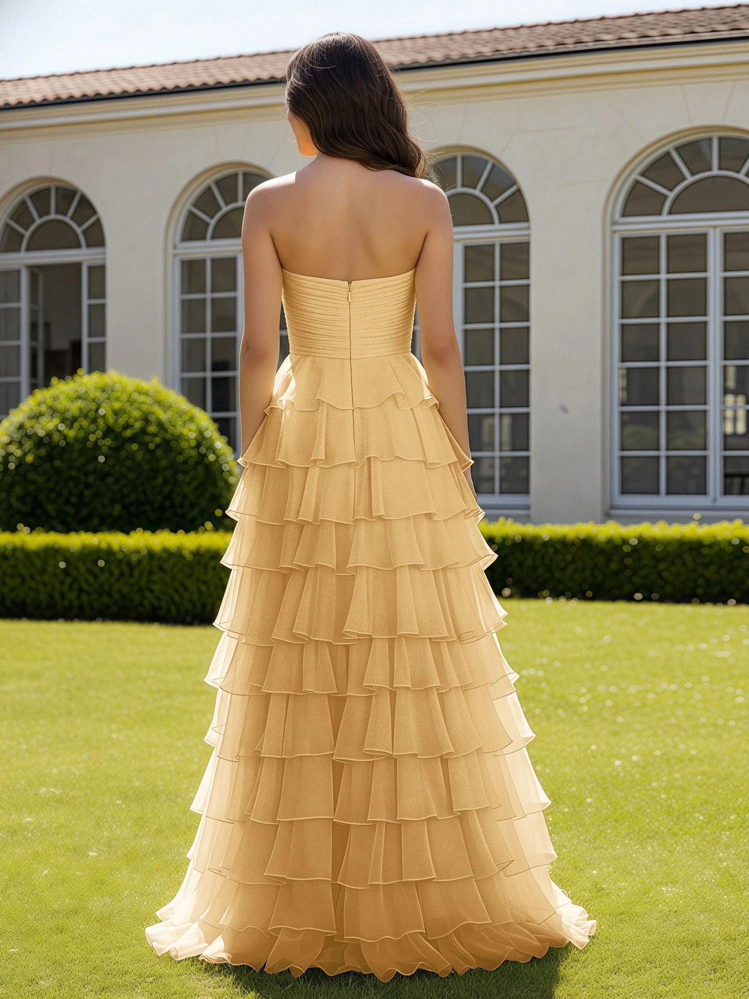 Chiffon Rüschen Herzform Ballkleid mit Schlitz Gold - Image 2