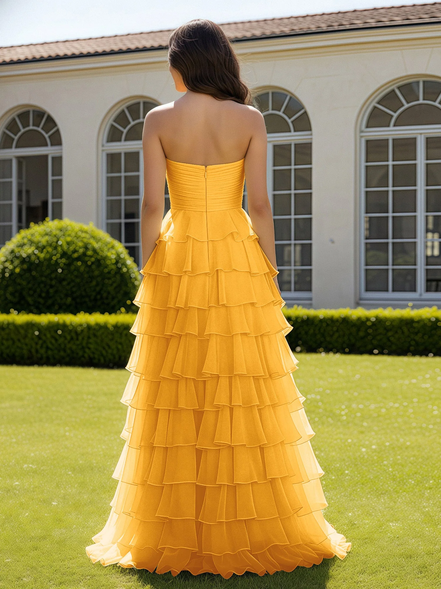Chiffon Rüschen Herzform Ballkleid mit Schlitz Mandarine - Image 2