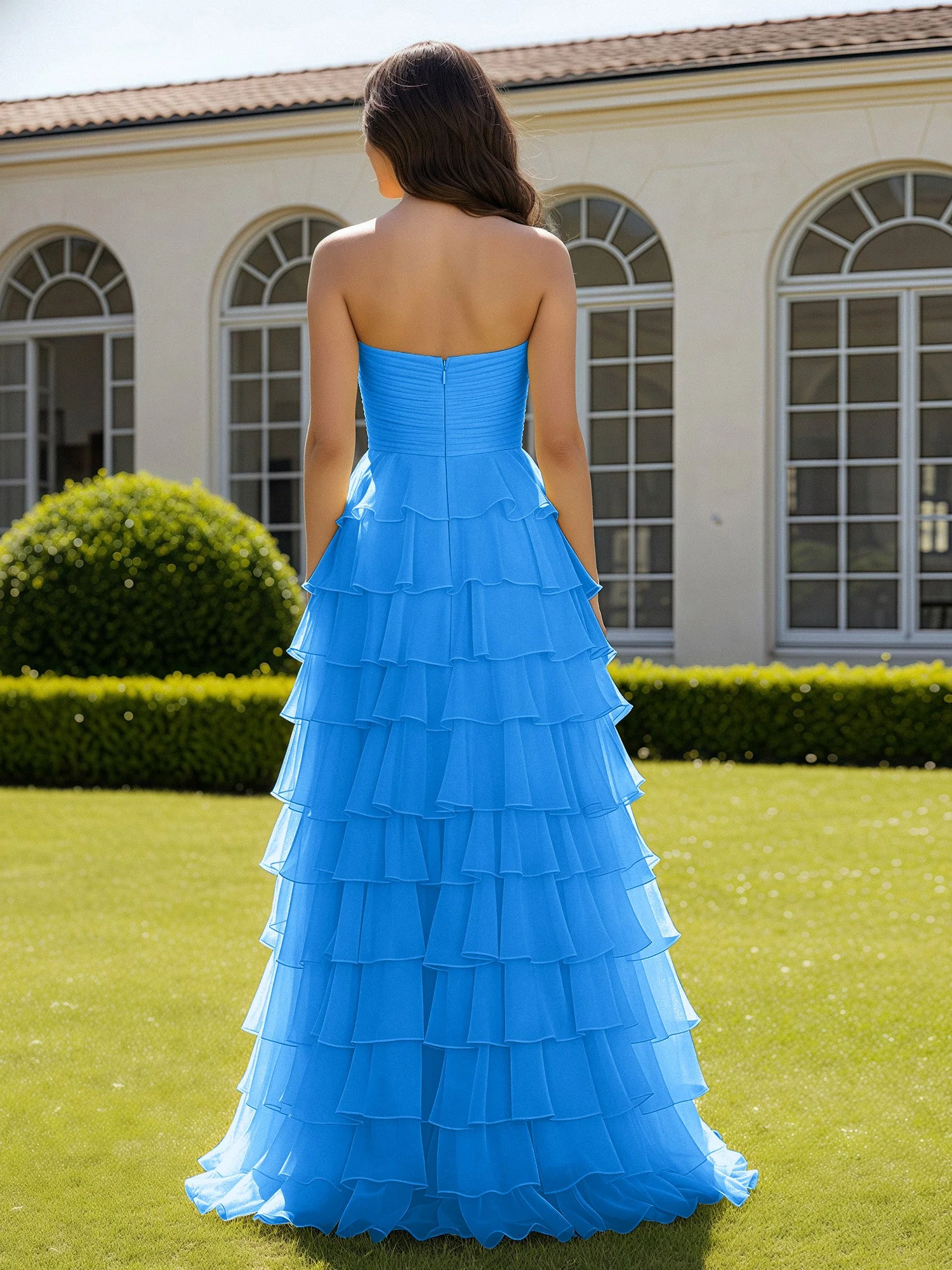 Chiffon Rüschen Herzform Ballkleid mit Schlitz Meerblau - Image 2