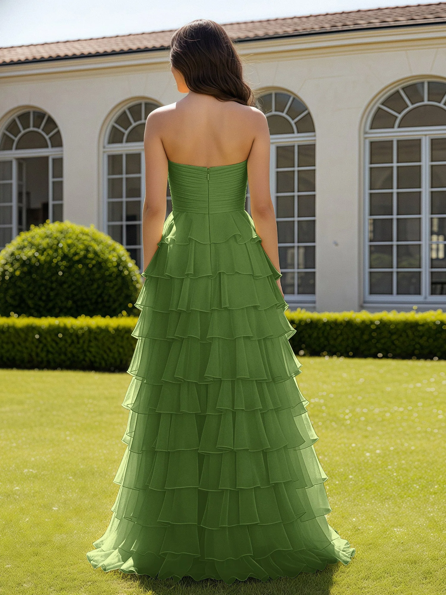 Chiffon Rüschen Herzform Ballkleid mit Schlitz Moos - Image 2
