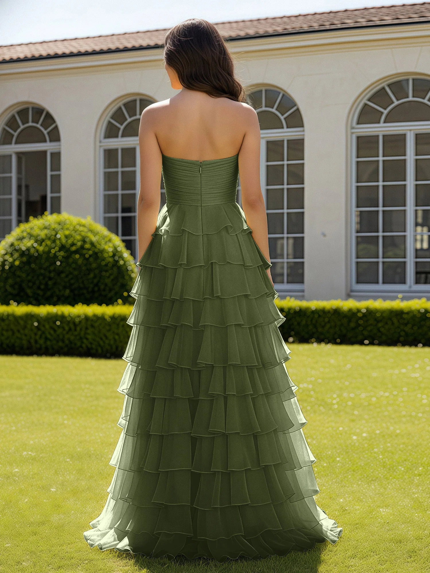 Chiffon Rüschen Herzform Ballkleid mit Schlitz Olivgrün - Image 2