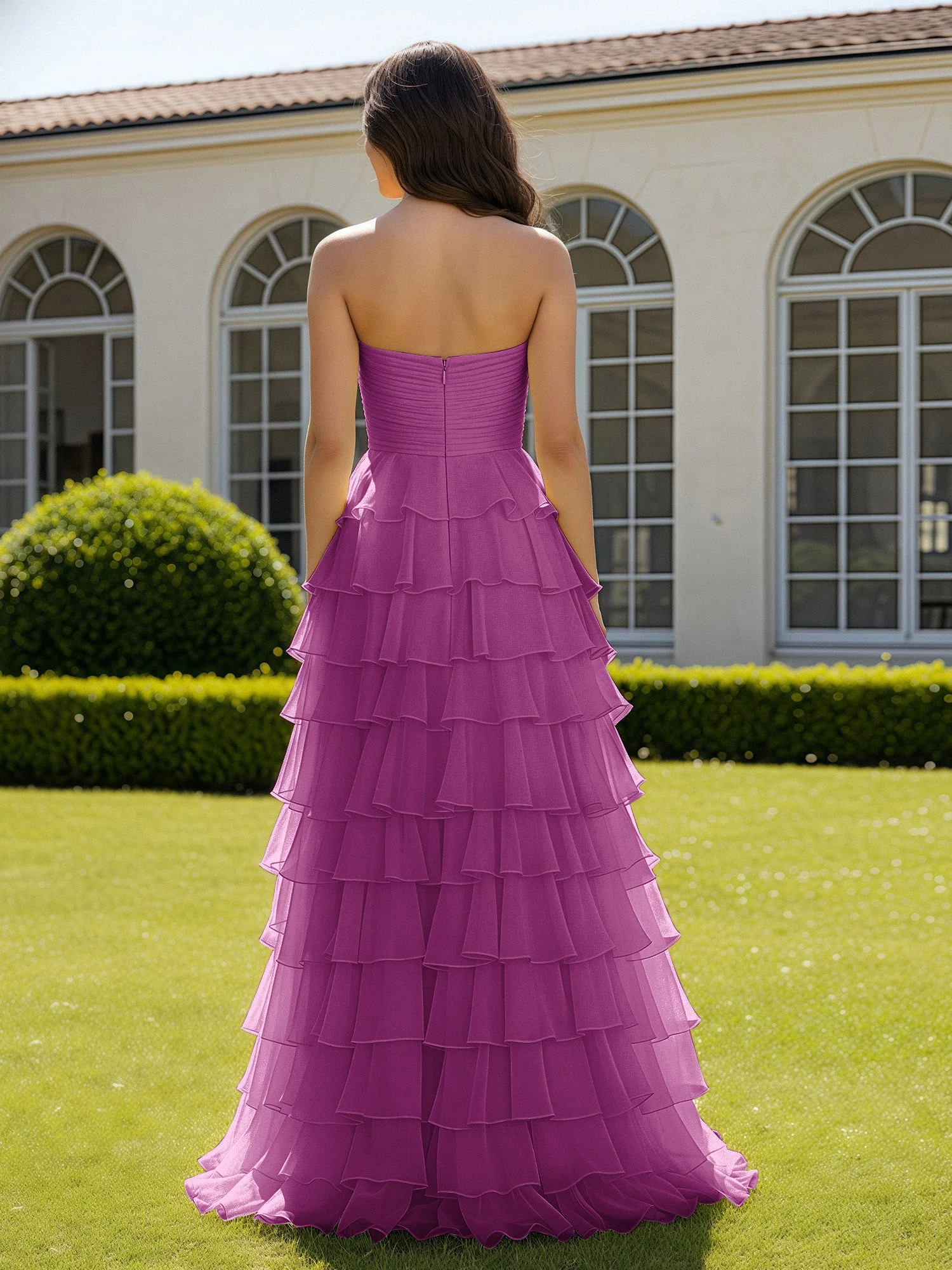 Chiffon Rüschen Herzform Ballkleid mit Schlitz Orchidee - Image 2