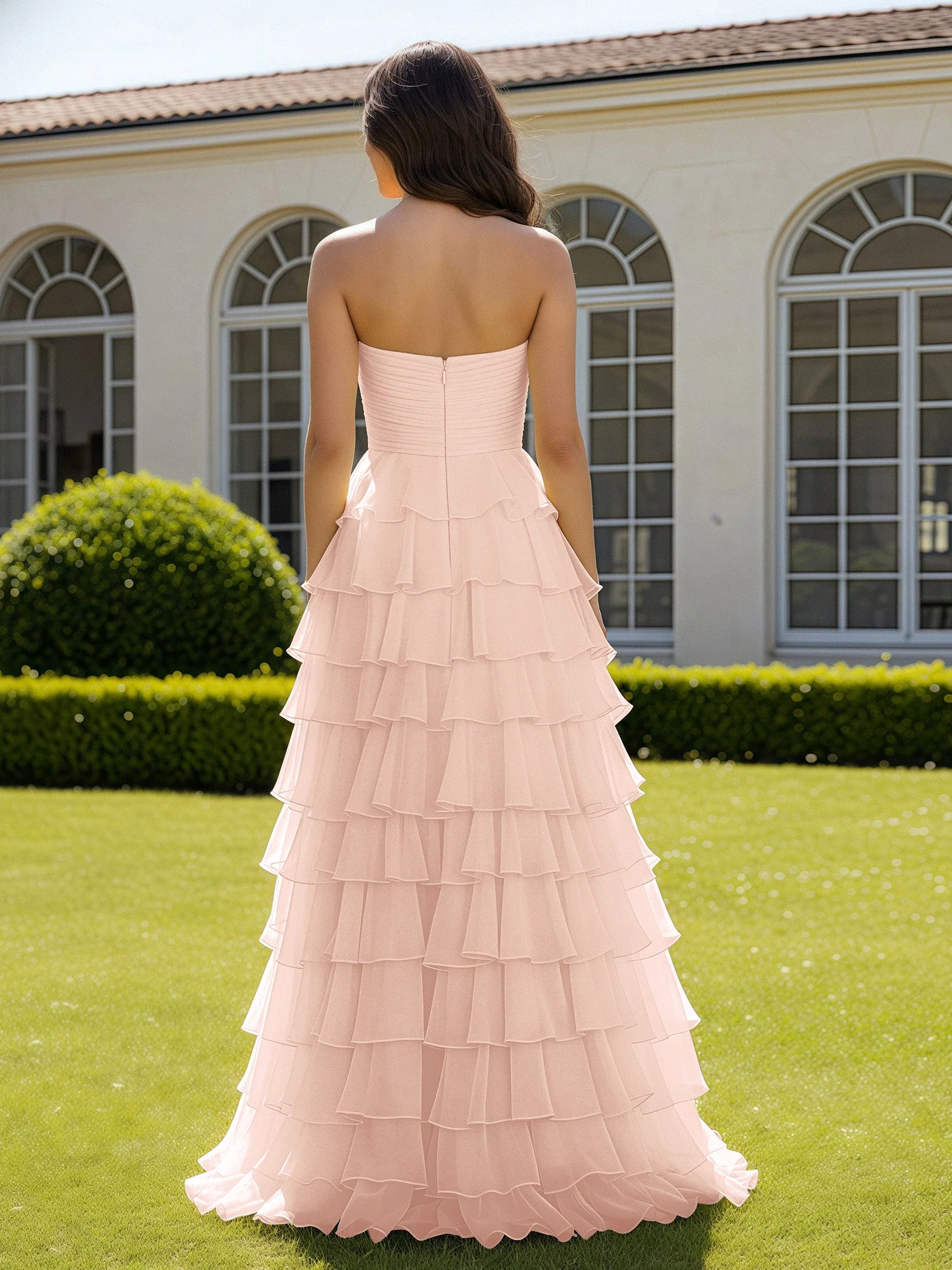 Chiffon Rüschen Herzform Ballkleid mit Schlitz Perlrosa - Image 2