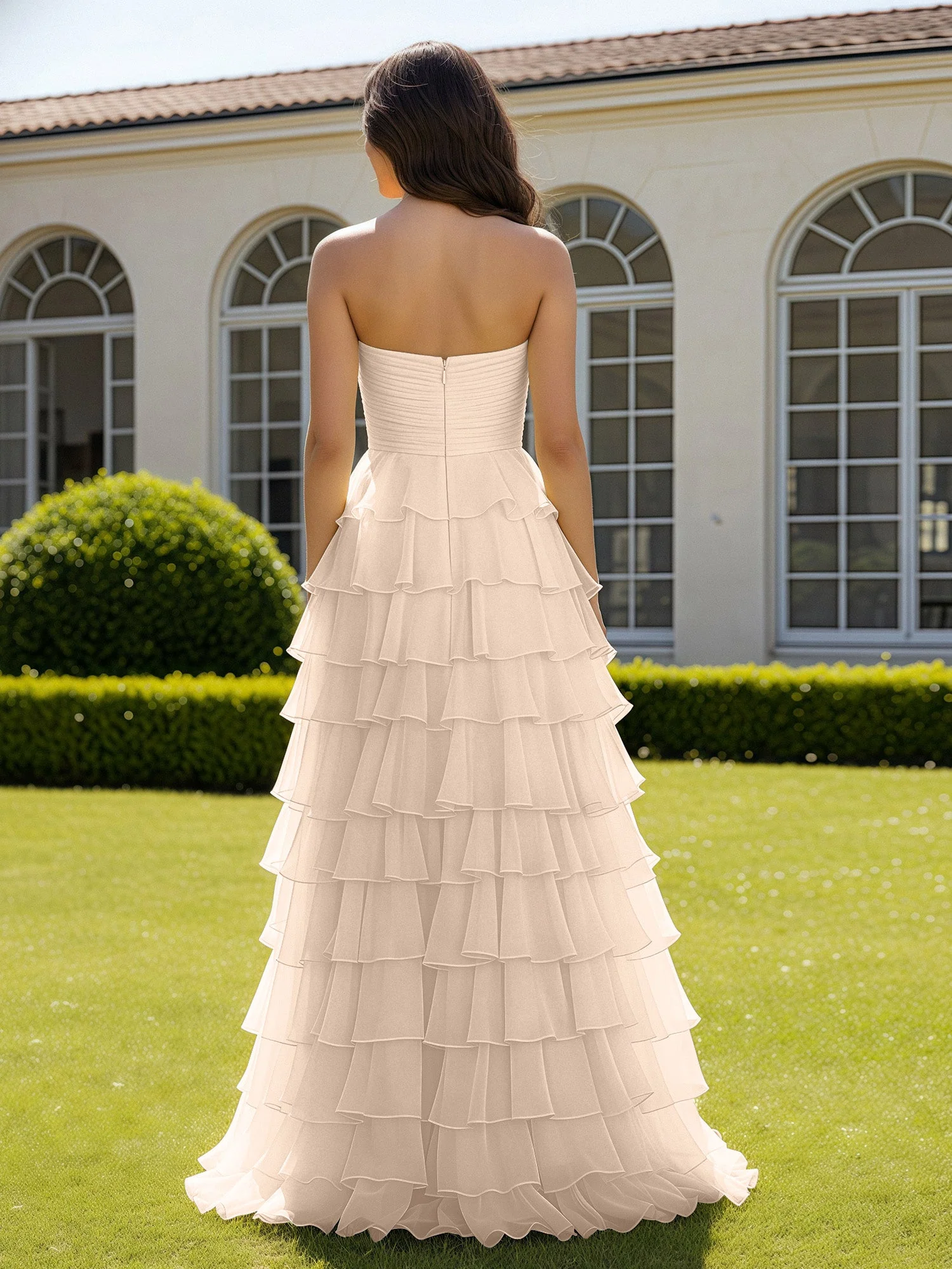 Chiffon Rüschen Herzform Ballkleid mit Schlitz Pfirsich - Image 2