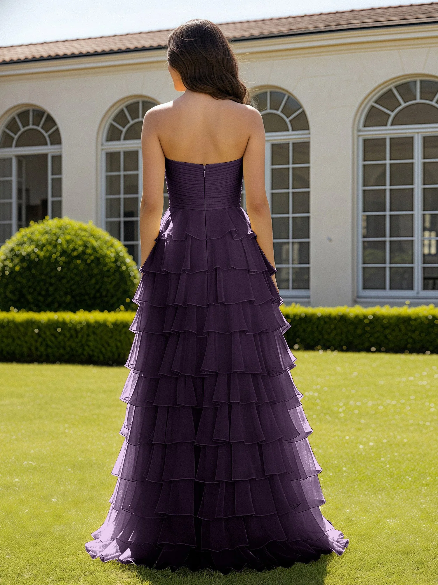 Chiffon Rüschen Herzform Ballkleid mit Schlitz Plum - Image 2