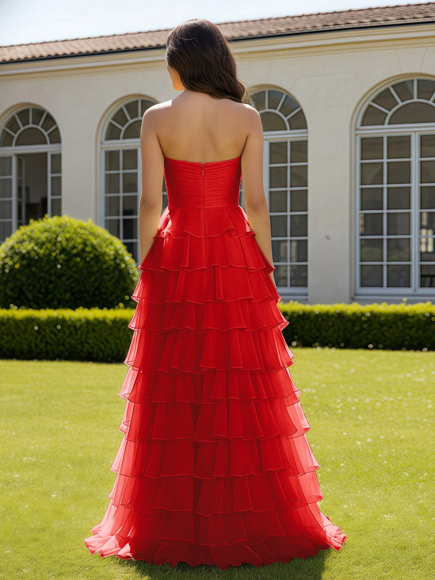 Chiffon Rüschen Herzform Ballkleid mit Schlitz Rot - Image 2