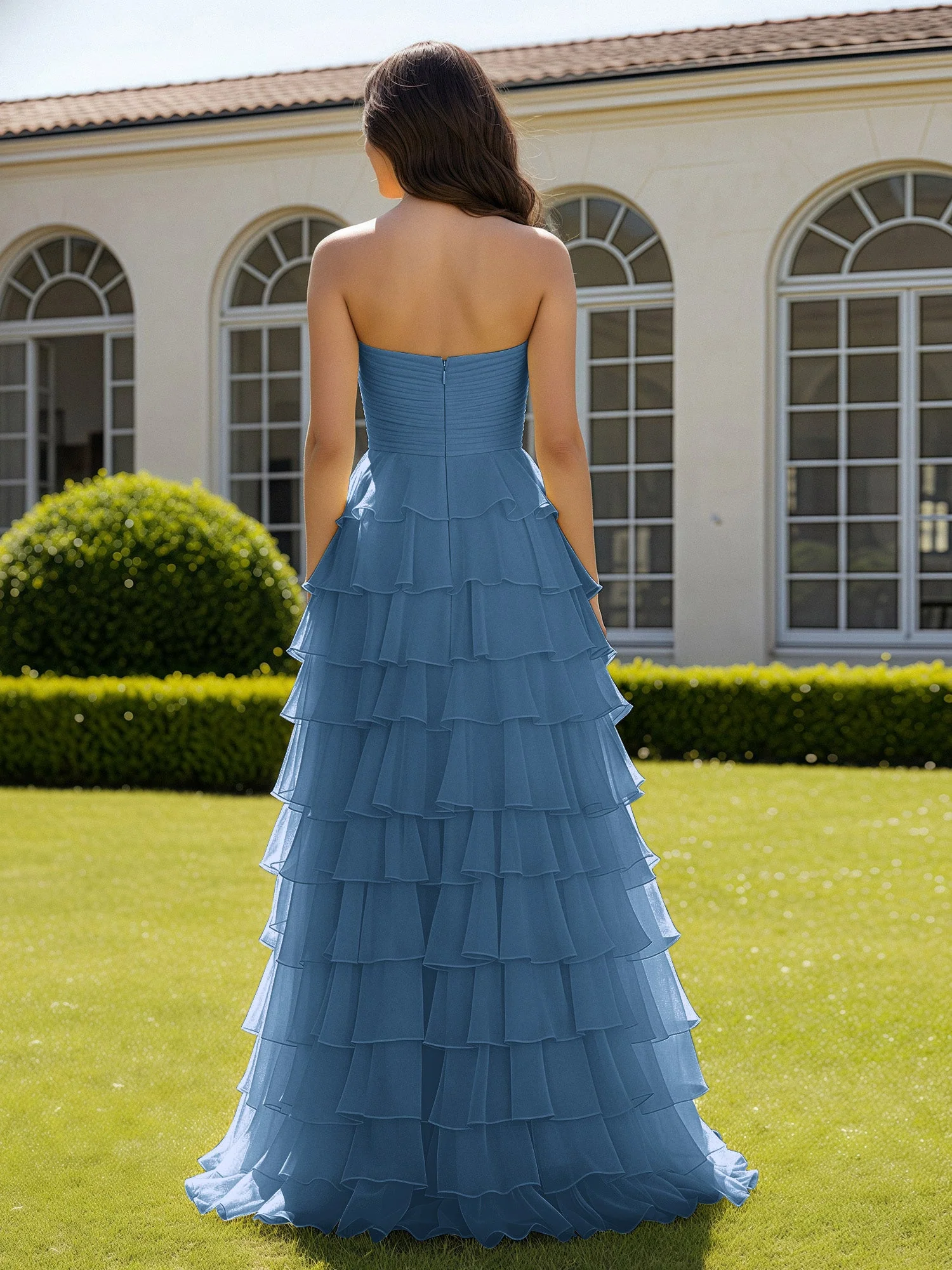 Chiffon Rüschen Herzform Ballkleid mit Schlitz Schiefer Blau - Image 2