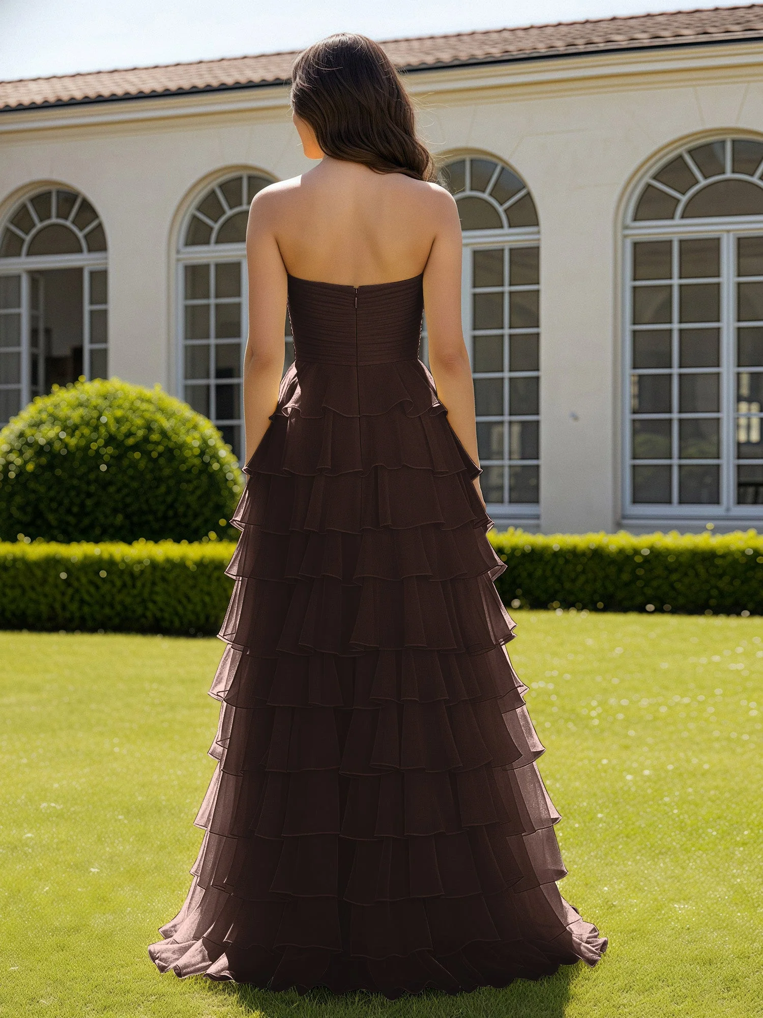 Chiffon Rüschen Herzform Ballkleid mit Schlitz Schokolade - Image 2
