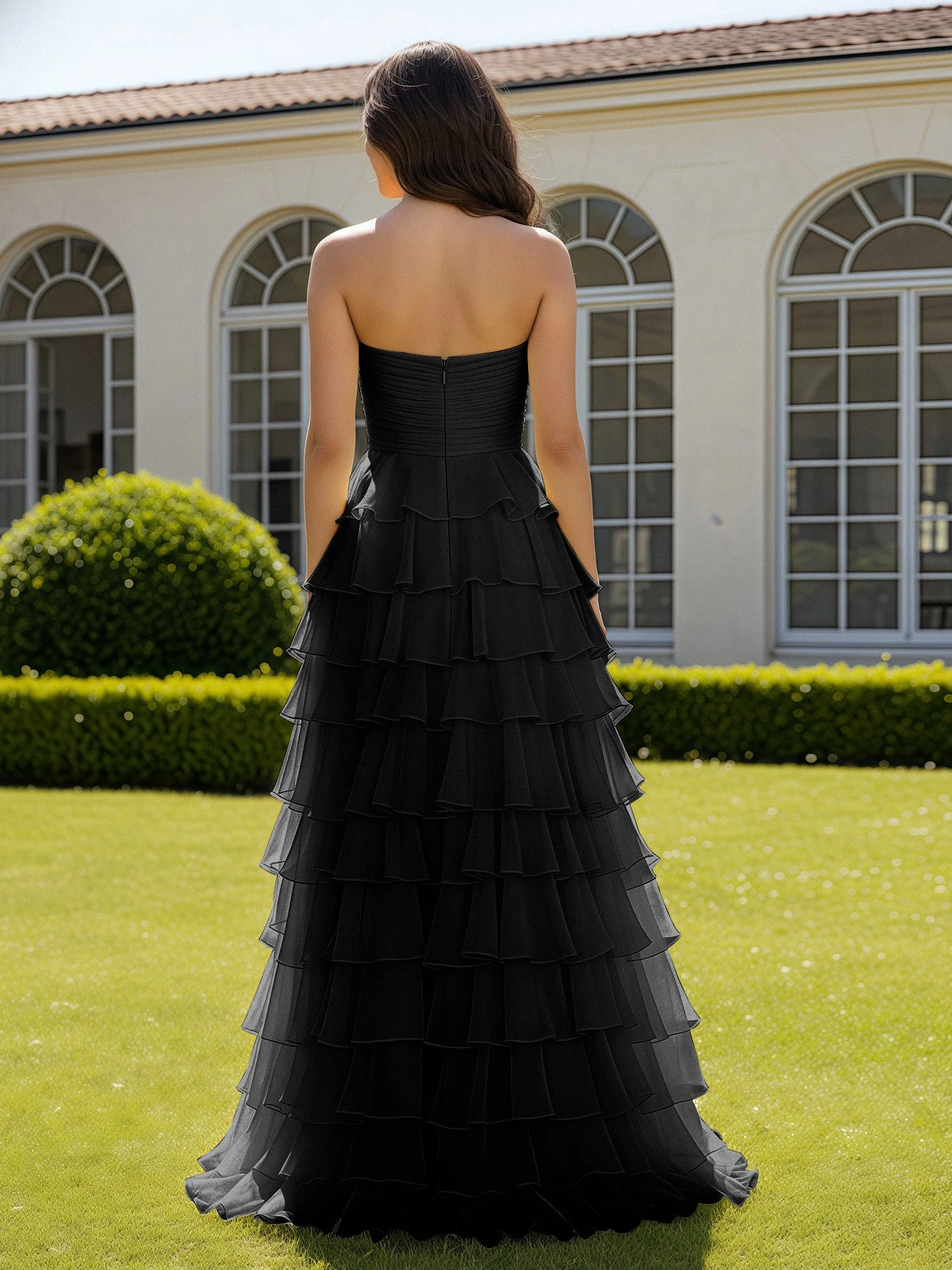 Chiffon Rüschen Herzform Ballkleid mit Schlitz Schwarz - Image 2