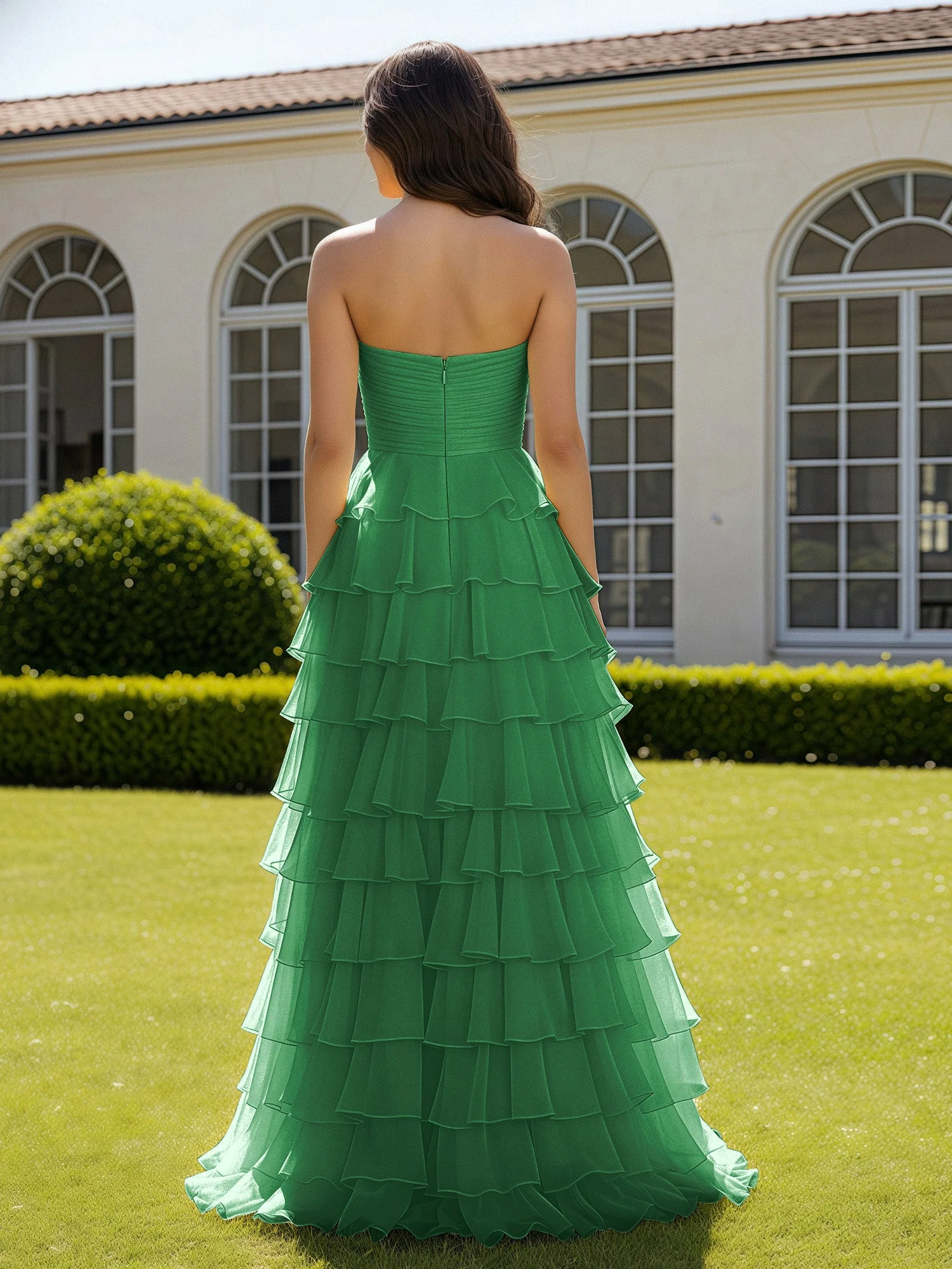 Chiffon Rüschen Herzform Ballkleid mit Schlitz Smaragd - Image 2