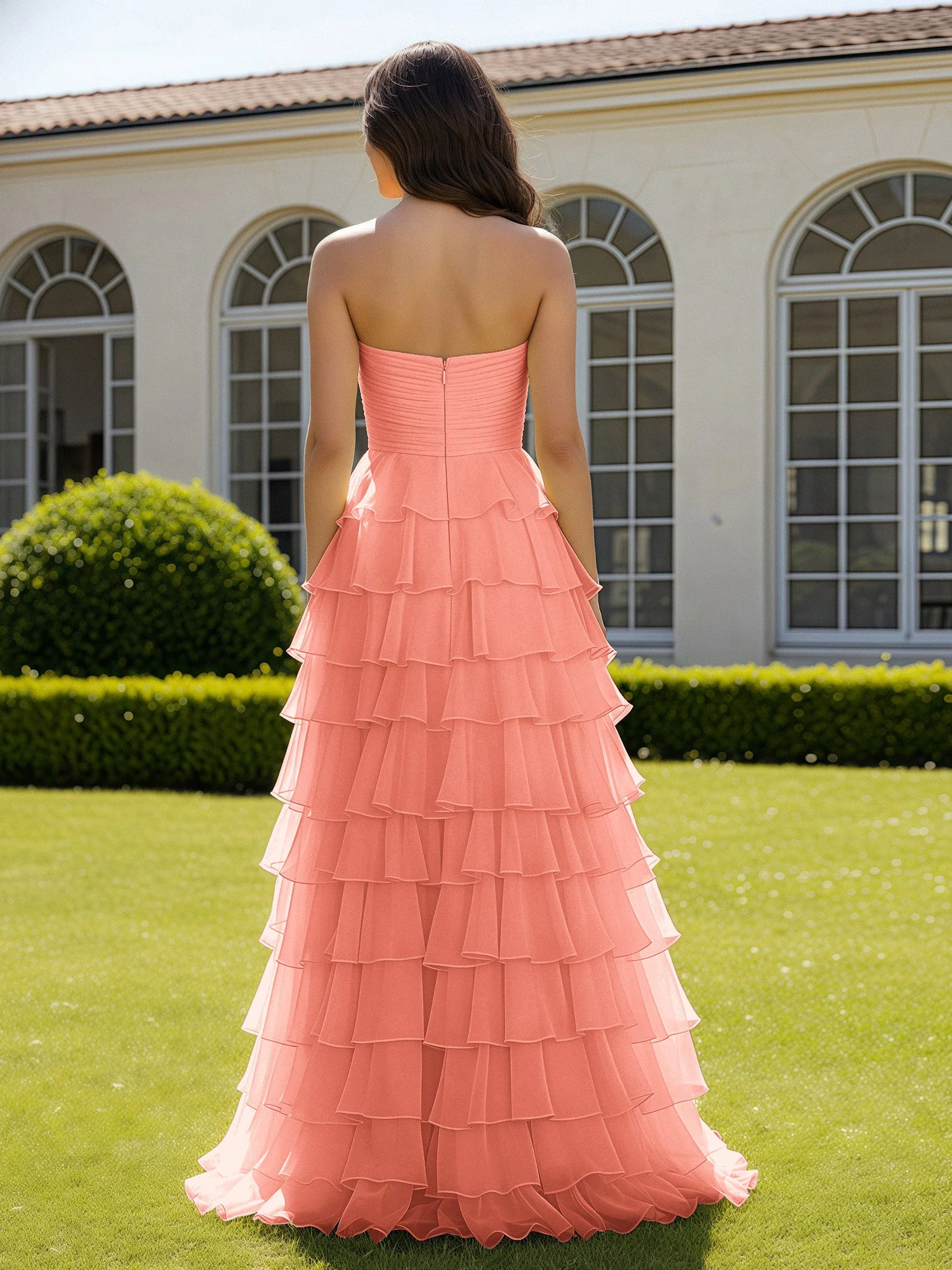Chiffon Rüschen Herzform Ballkleid mit Schlitz Sonnenuntergang - Image 2