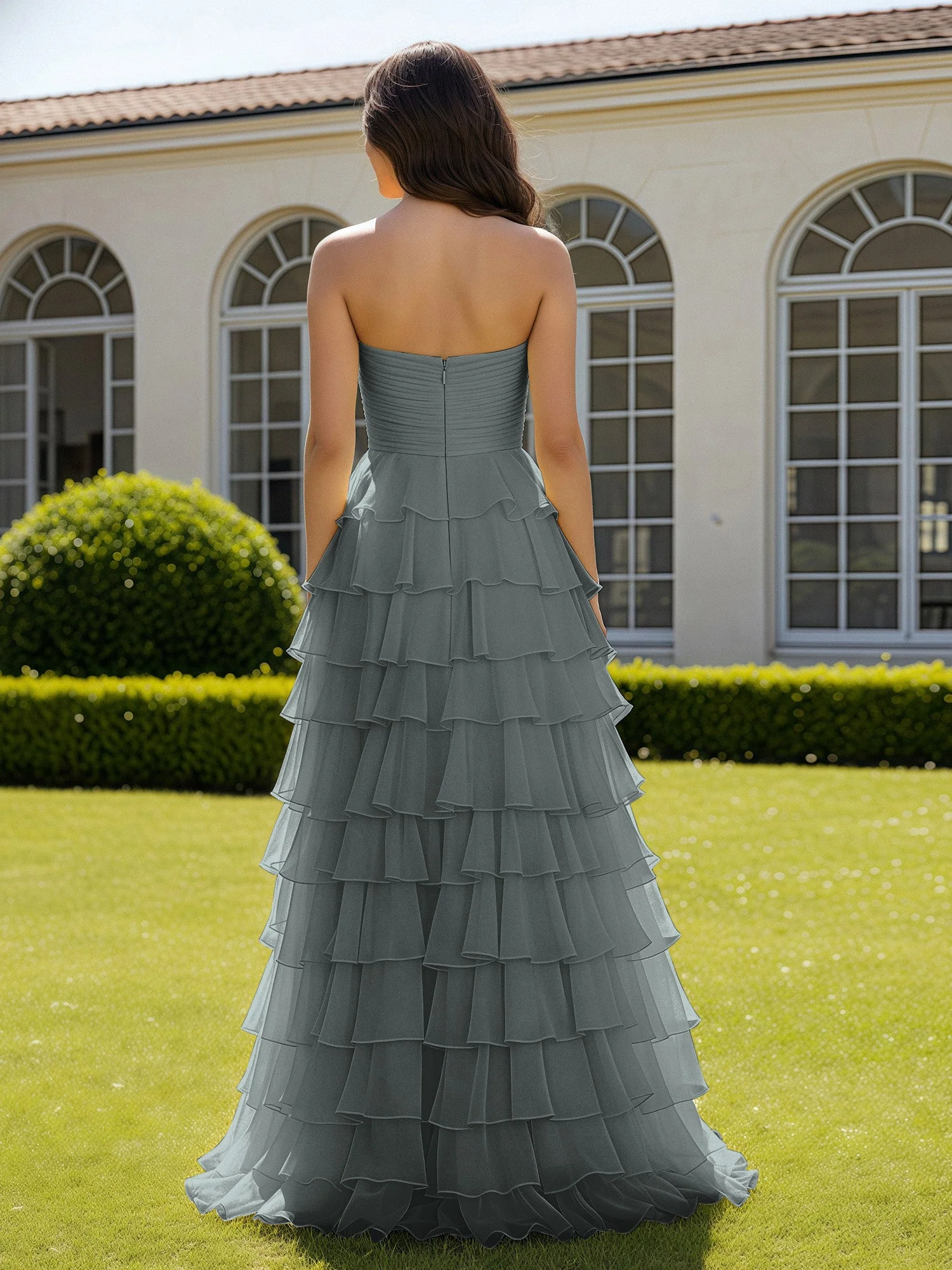 Chiffon Rüschen Herzform Ballkleid mit Schlitz Stahlgrau - Image 2