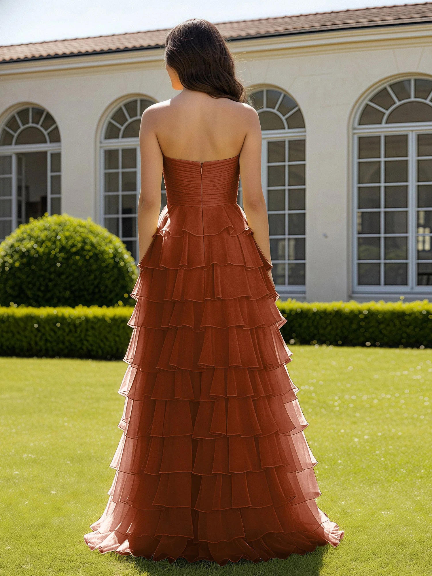 Chiffon Rüschen Herzform Ballkleid mit Schlitz Terrakotta - Image 2