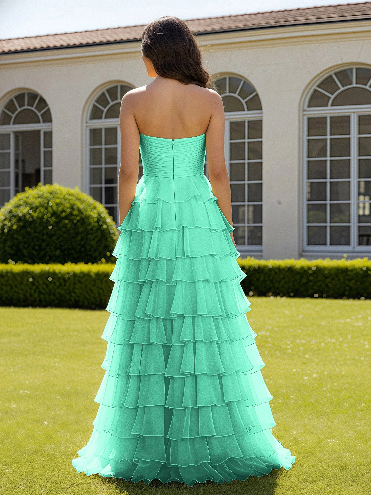 Chiffon Rüschen Herzform Ballkleid mit Schlitz Türkis - Image 2