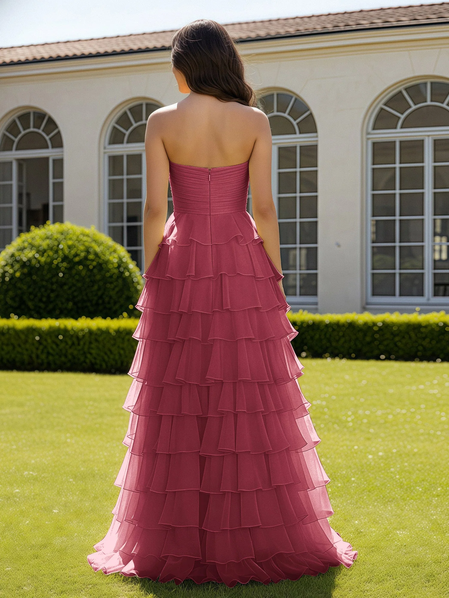 Chiffon Rüschen Herzform Ballkleid mit Schlitz Zimtrose - Image 2