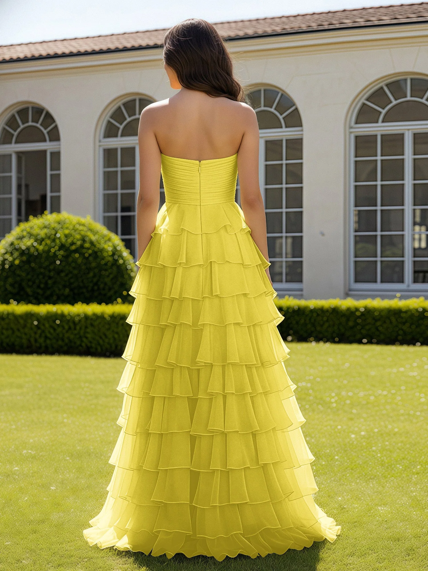 Chiffon Rüschen Herzform Ballkleid mit Schlitz Zitrone - Image 2