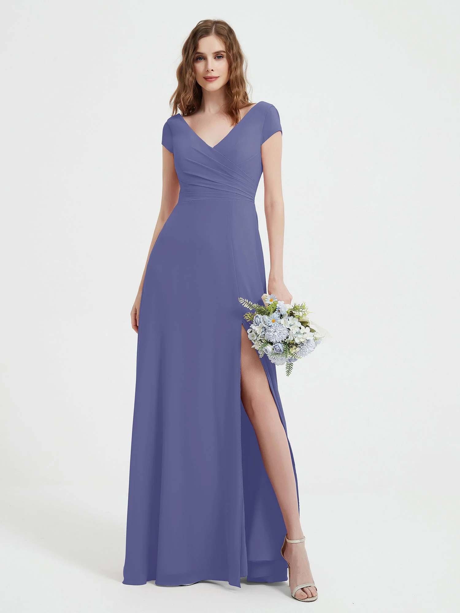 V-Ausschnitt A-Linie Chiffon Kleid mit Schlitz Periwinkleblau