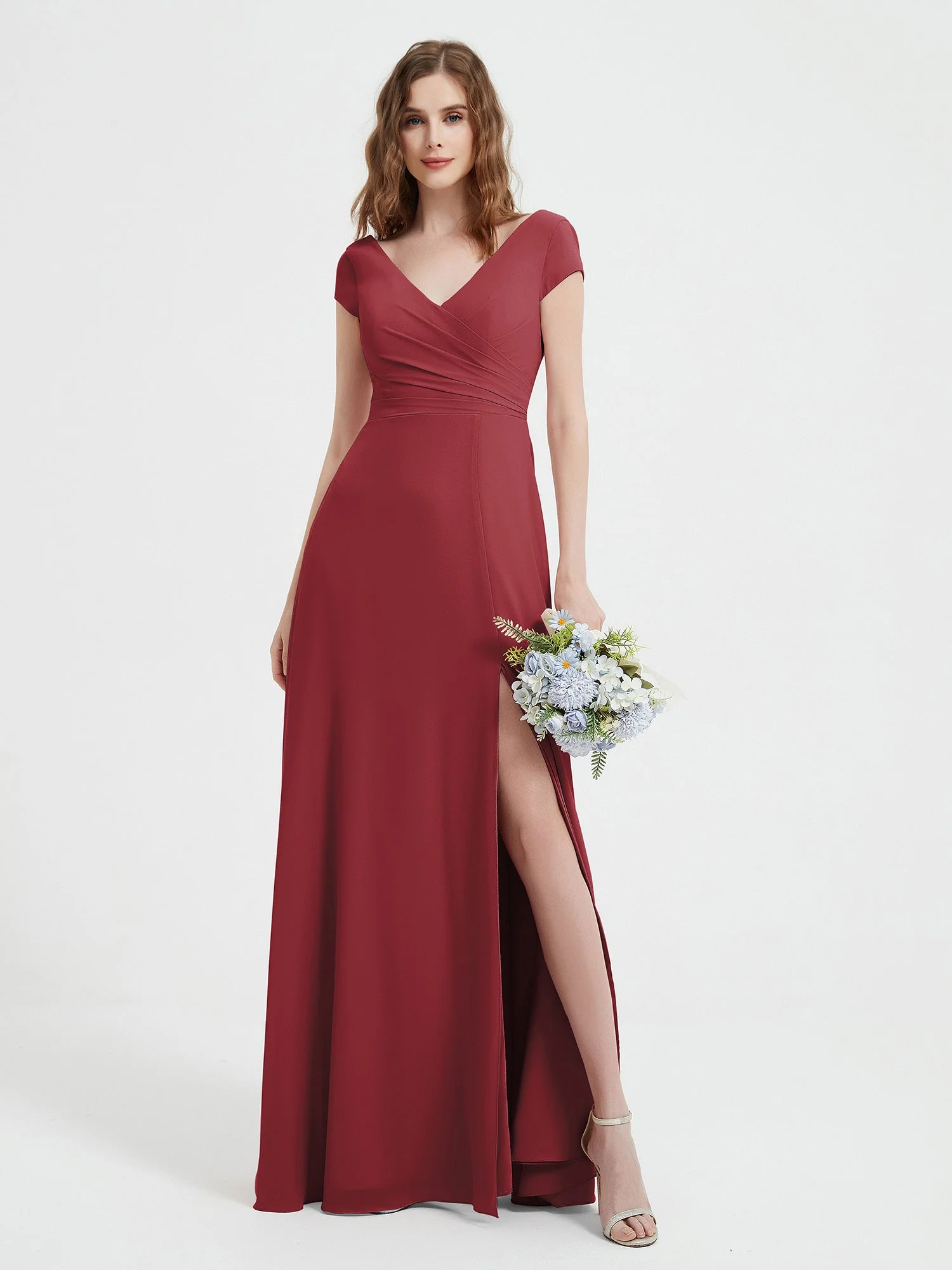 V-Ausschnitt A-Linie Chiffon Kleid mit Schlitz Zimtrose