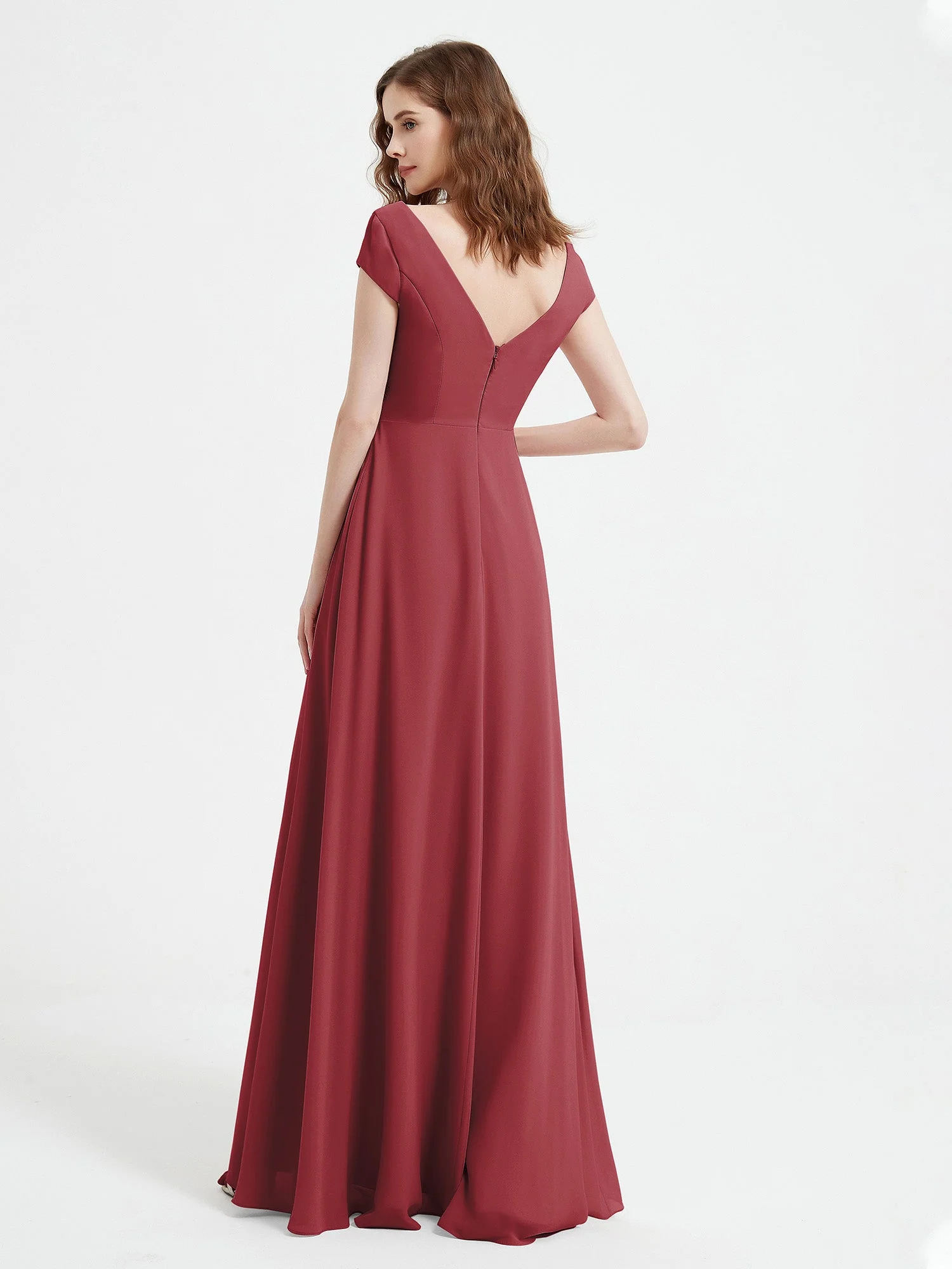 V-Ausschnitt A-Linie Chiffon Kleid mit Schlitz Zimtrose - Image 2