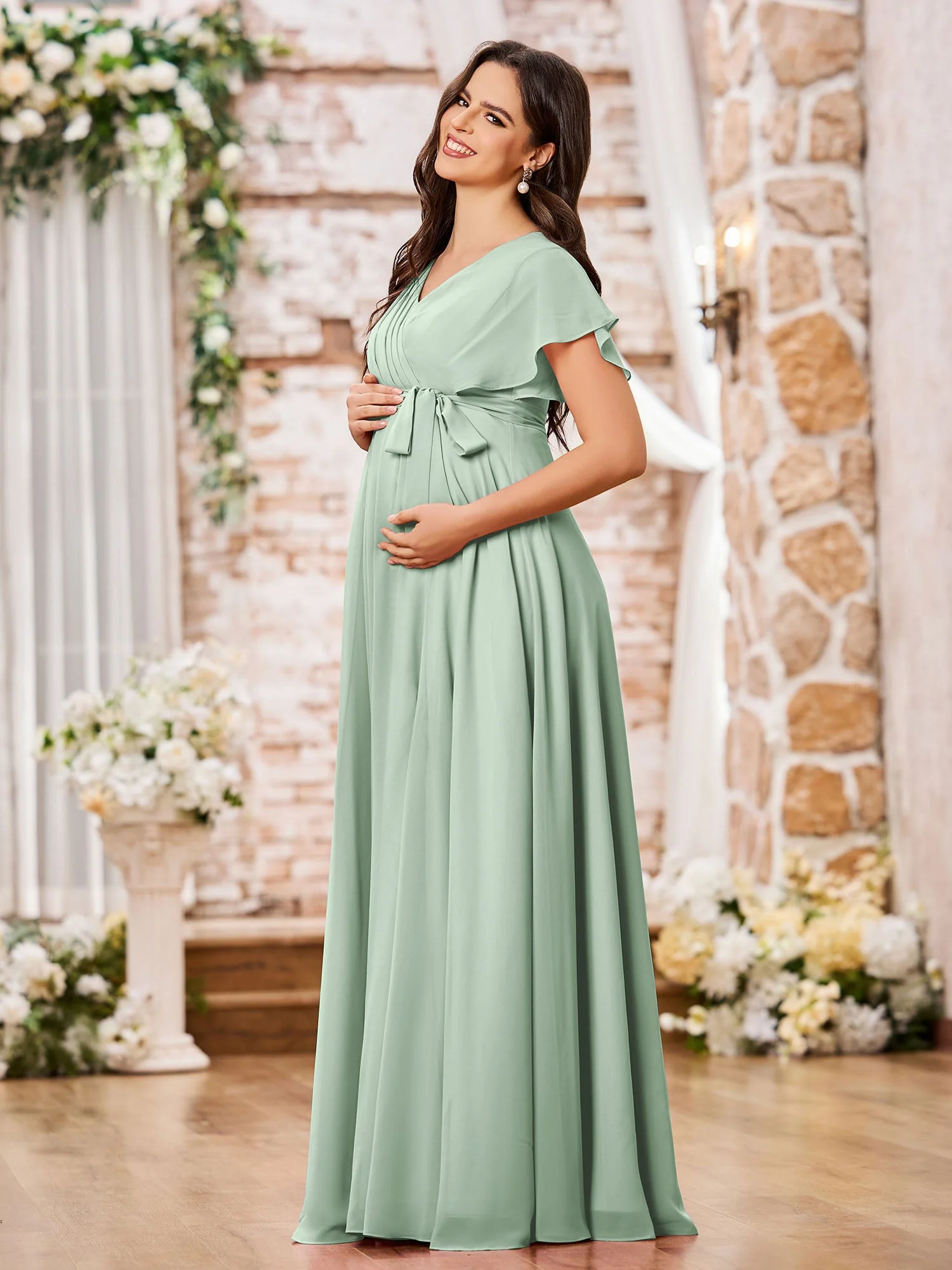 V-Ausschnitt A-Linie Flügelärmel Chiffon Maxi Kleider mit Schlitz Agavengrün - Image 3