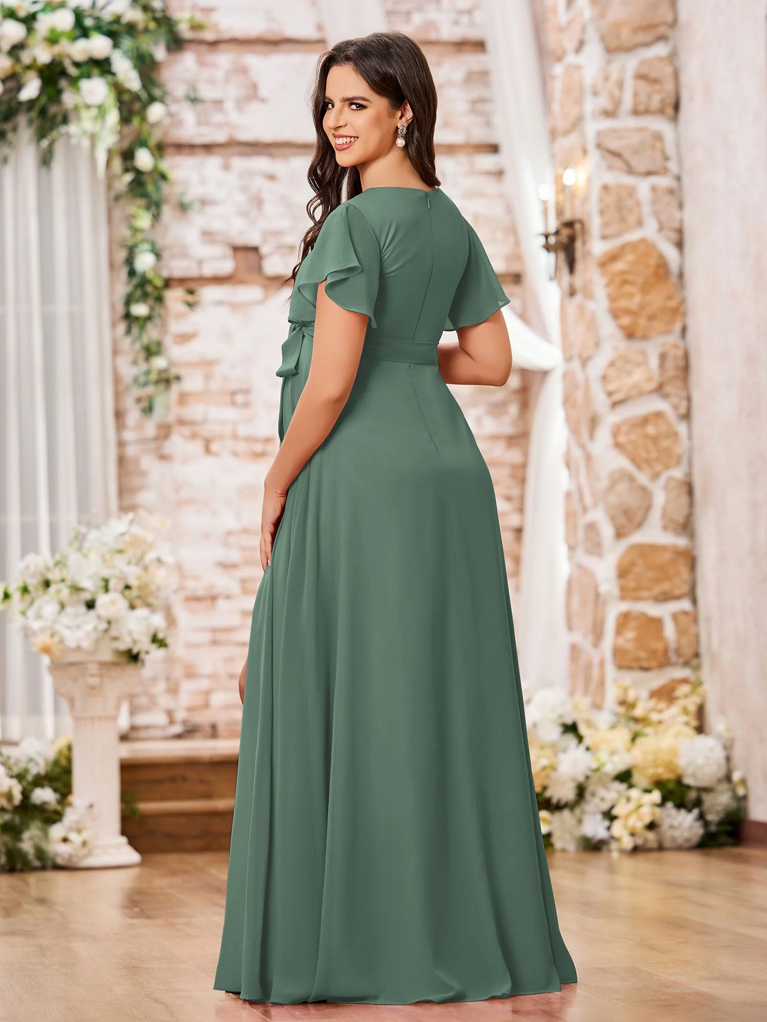V-Ausschnitt A-Linie Flügelärmel Chiffon Maxi Kleider mit Schlitz Eukalyptus - Image 2
