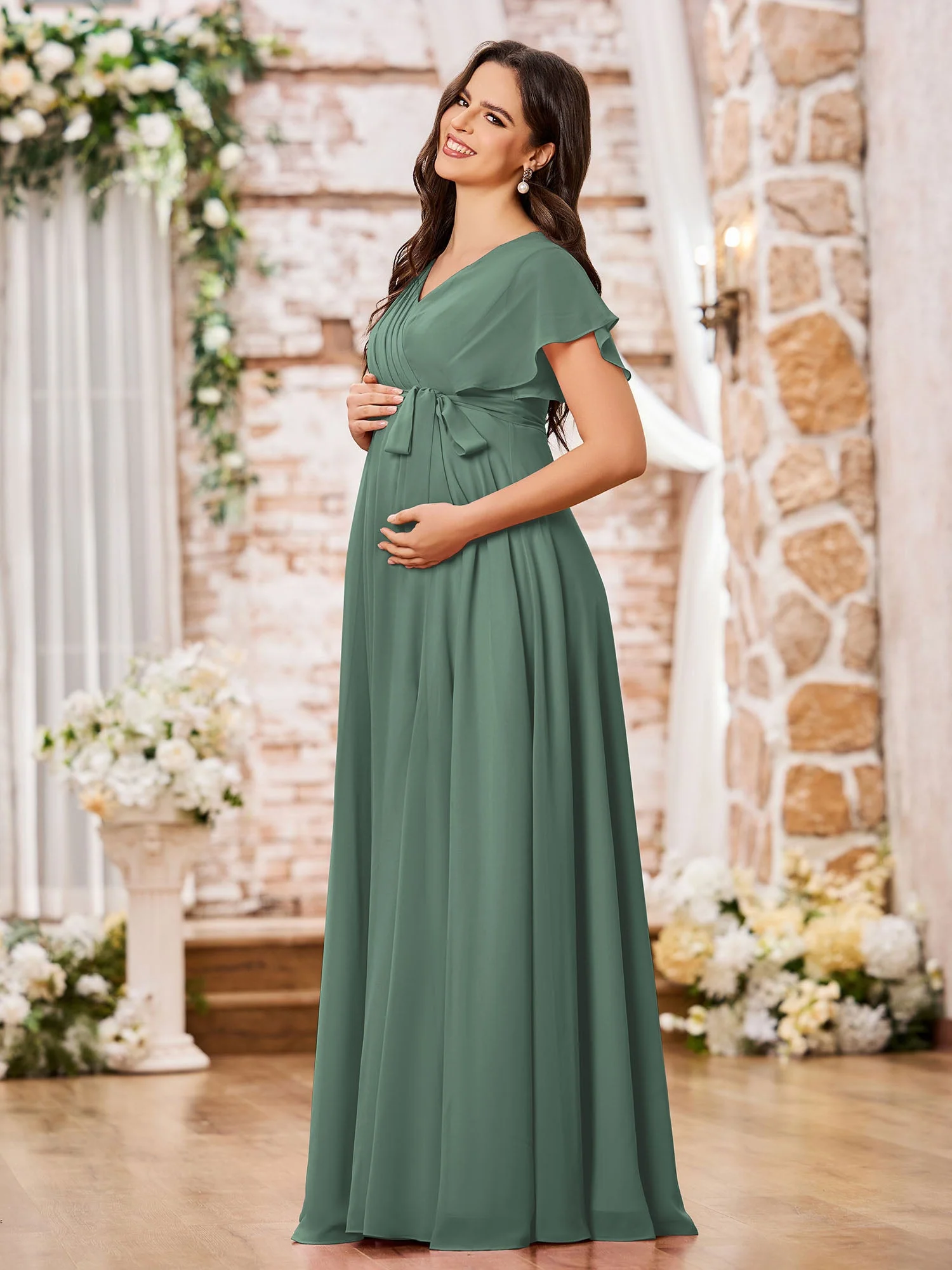 V-Ausschnitt A-Linie Flügelärmel Chiffon Maxi Kleider mit Schlitz Eukalyptus - Image 3