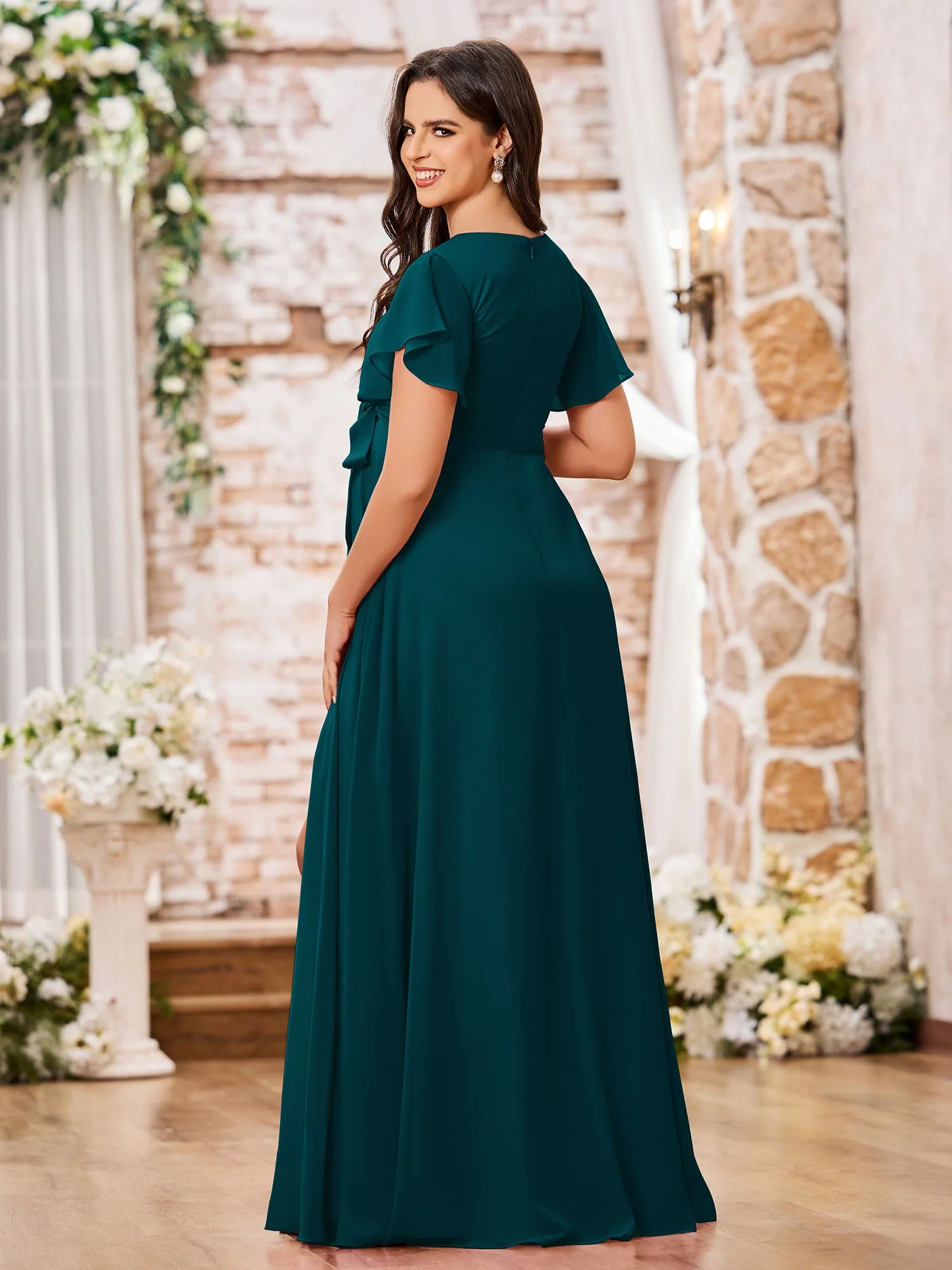 V-Ausschnitt A-Linie Flügelärmel Chiffon Maxi Kleider mit Schlitz Kieferngrün - Image 2