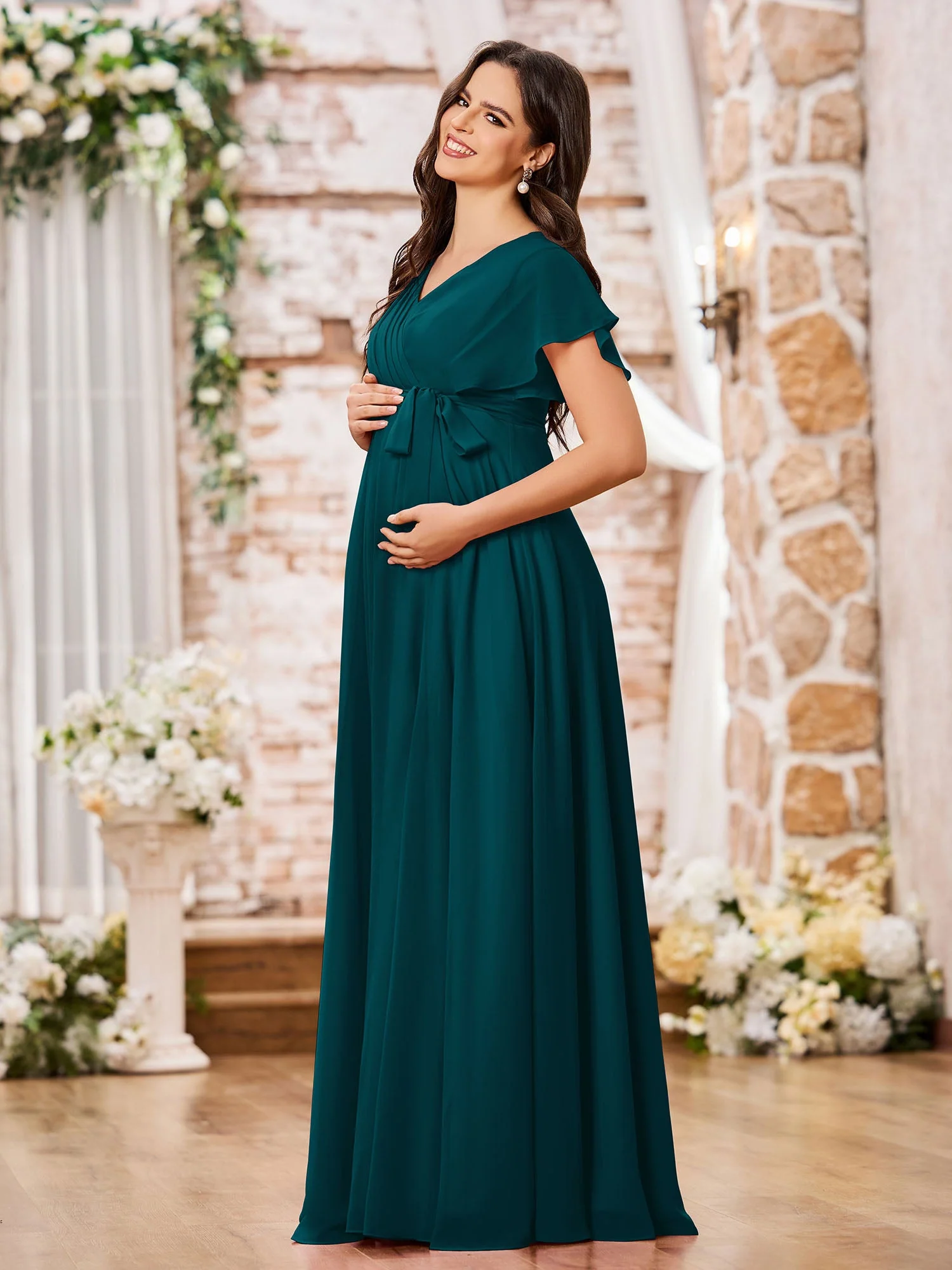 V-Ausschnitt A-Linie Flügelärmel Chiffon Maxi Kleider mit Schlitz Kieferngrün - Image 3