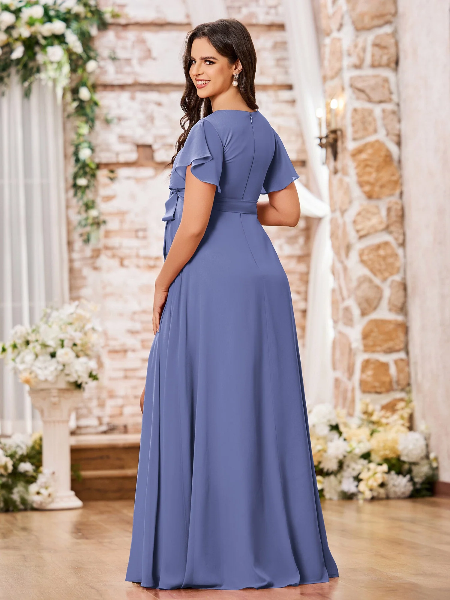 V-Ausschnitt A-Linie Flügelärmel Chiffon Maxi Kleider mit Schlitz Periwinkleblau - Image 2