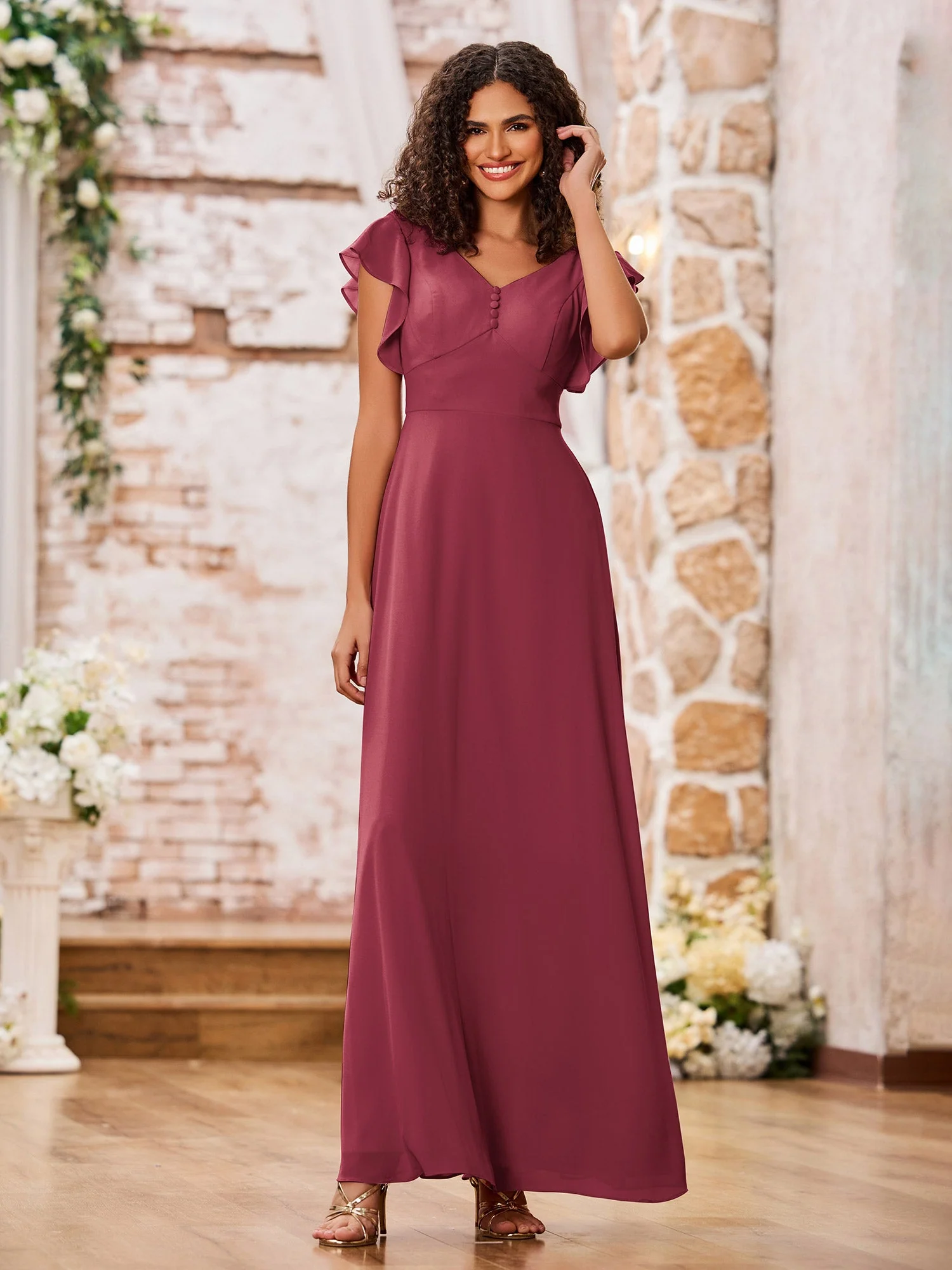 V-Ausschnitt A-Linie Flügelärmel Lang Chiffon Kleider Zimtrose - Image 3