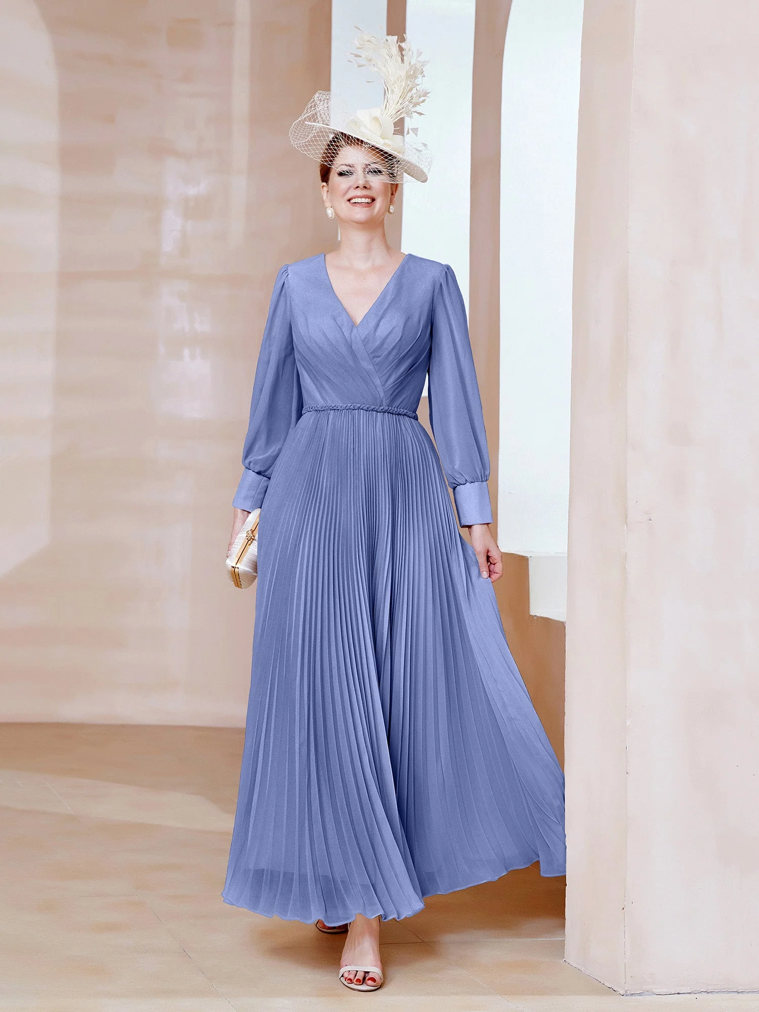 V-Ausschnitt A-Linie Plissee Rüschen Kleid Langarm Periwinkleblau