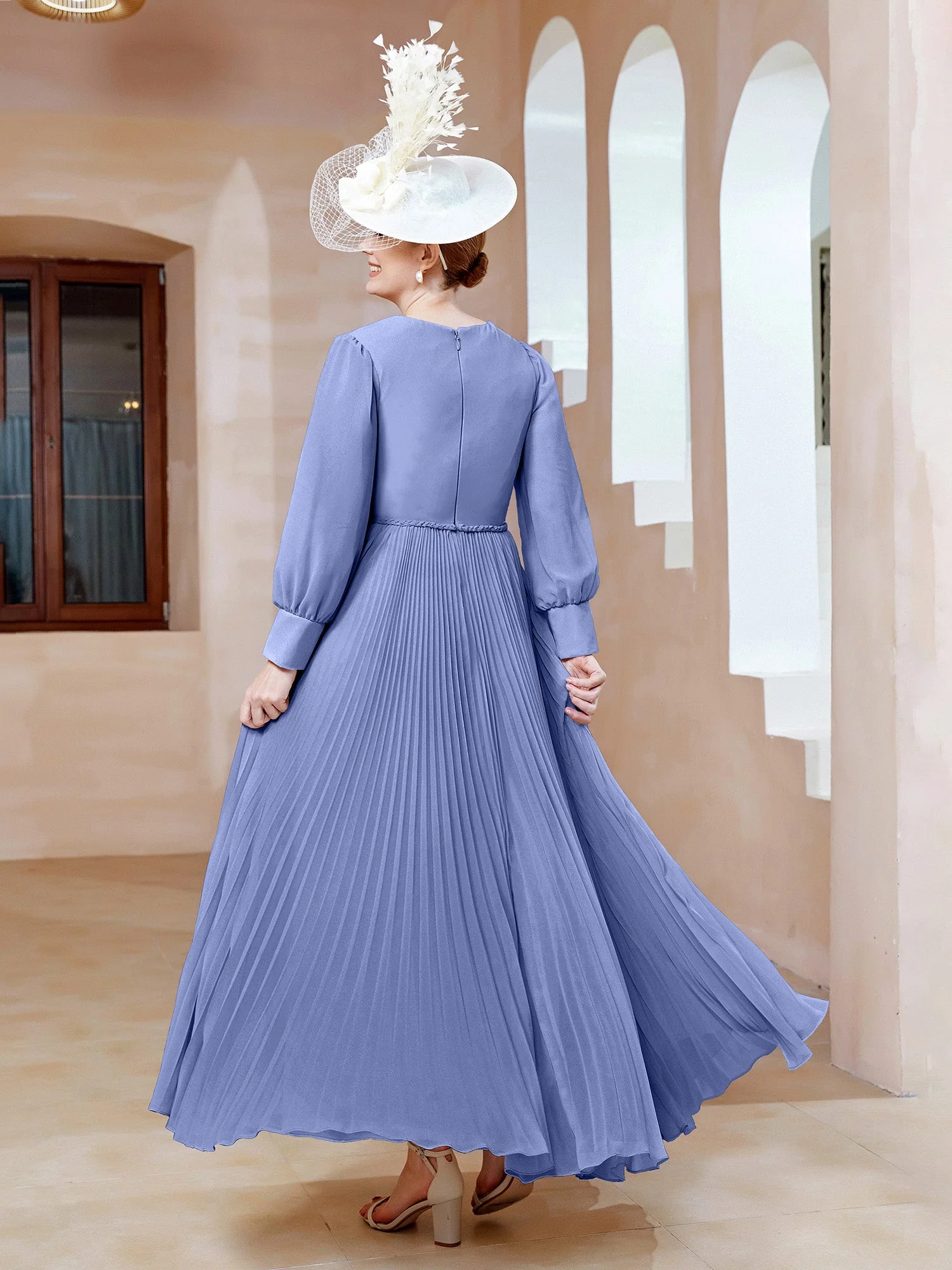 V-Ausschnitt A-Linie Plissee Rüschen Kleid Langarm Periwinkleblau - Image 2