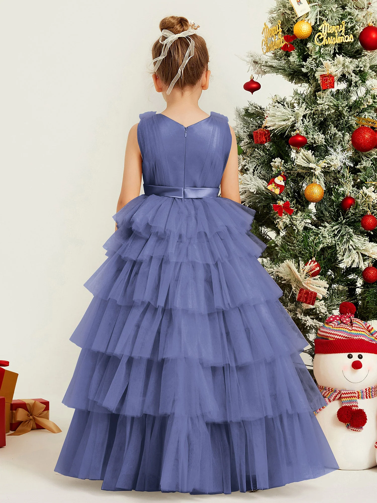 V-Ausschnitt Ärmellos Stufen Tüll Blumenmädchen Ballkleid Periwinkleblau - Image 2