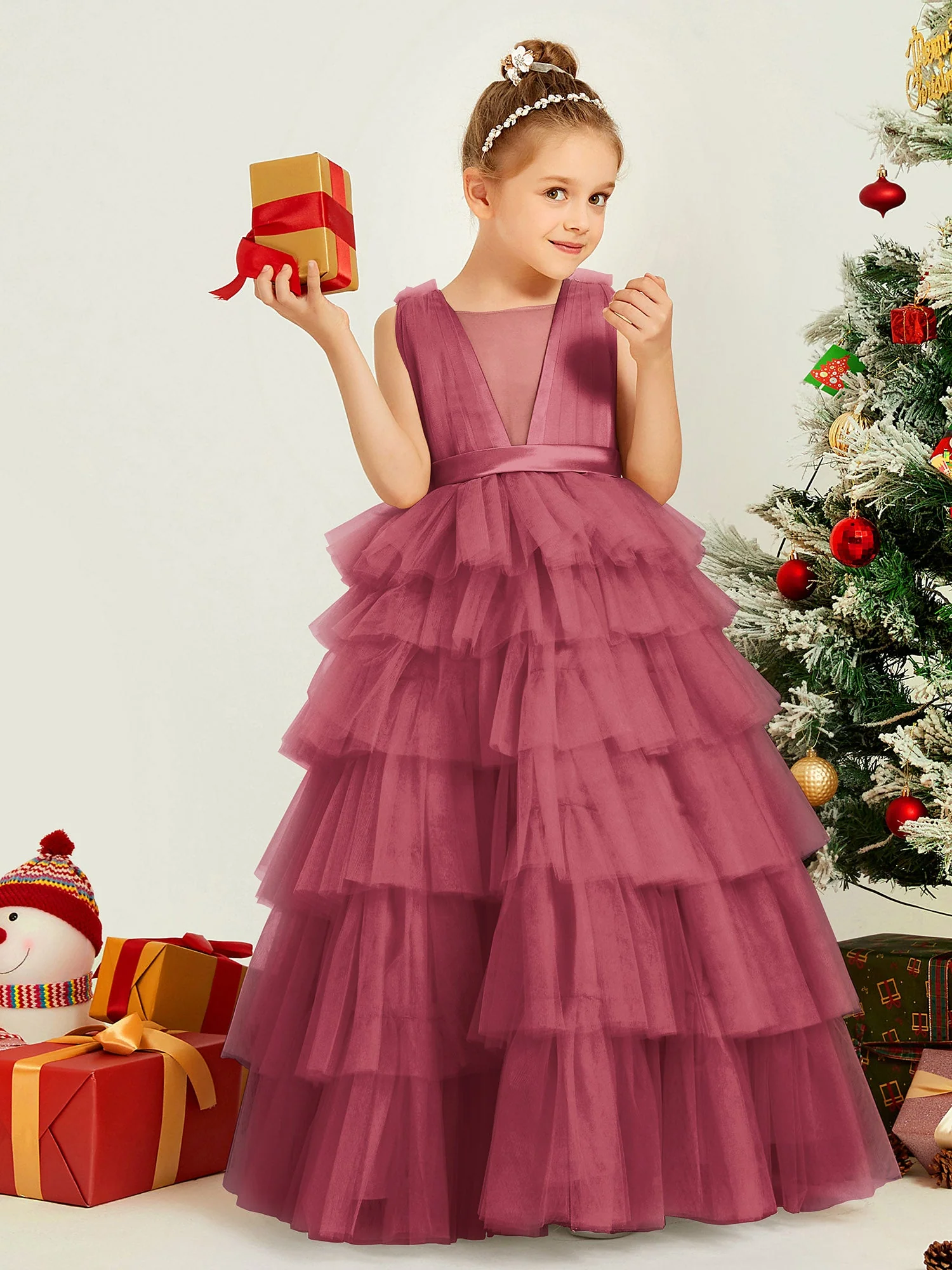 V-Ausschnitt Ärmellos Stufen Tüll Blumenmädchen Ballkleid Zimtrose