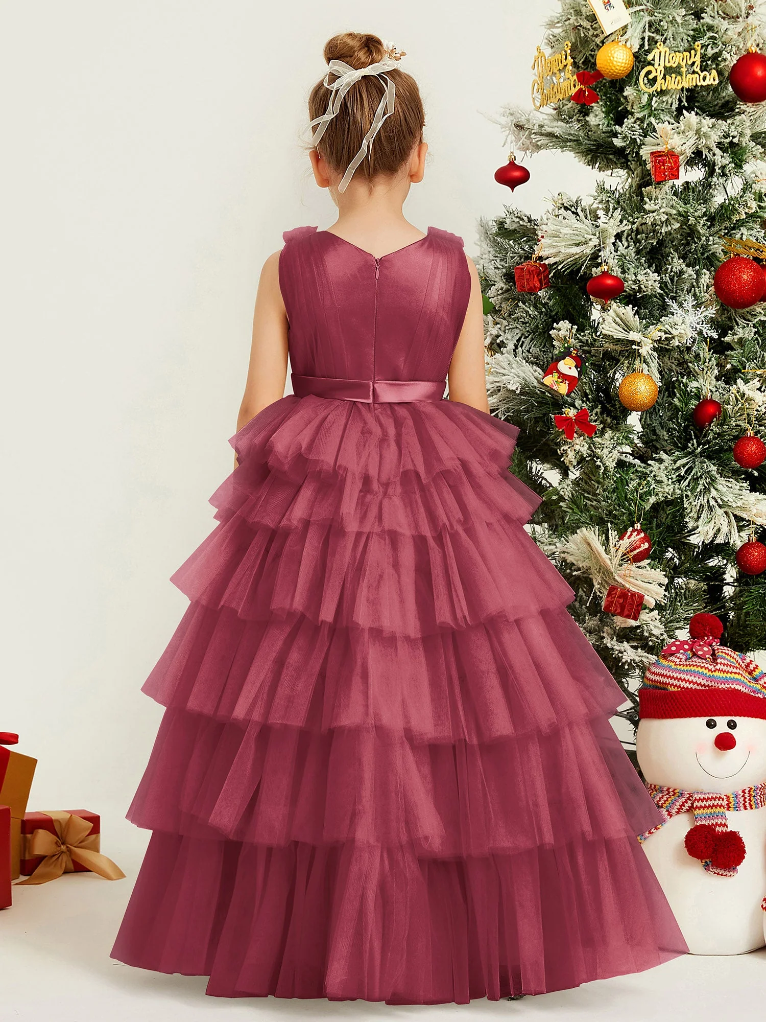 V-Ausschnitt Ärmellos Stufen Tüll Blumenmädchen Ballkleid Zimtrose - Image 2