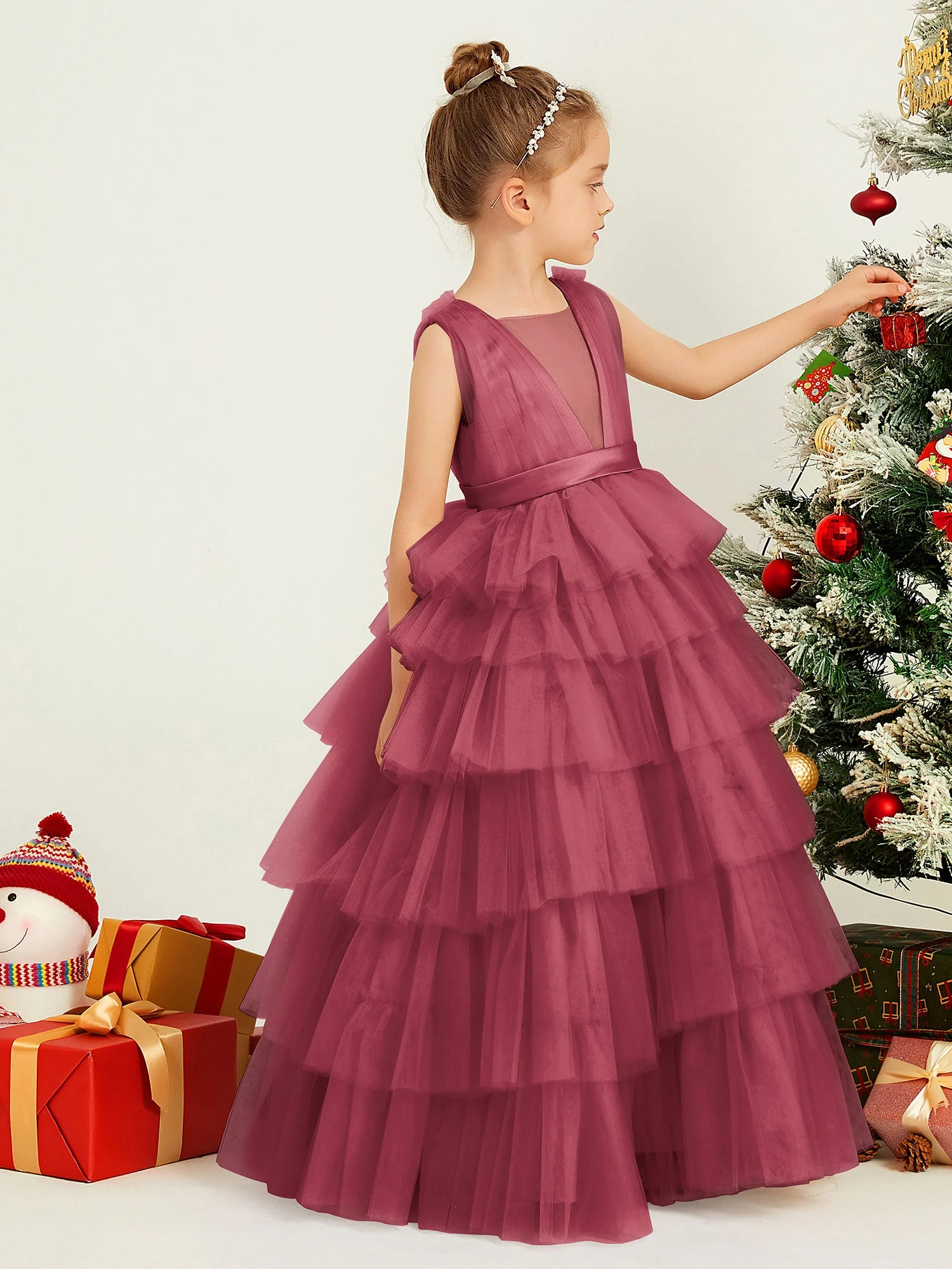 V-Ausschnitt Ärmellos Stufen Tüll Blumenmädchen Ballkleid Zimtrose - Image 3