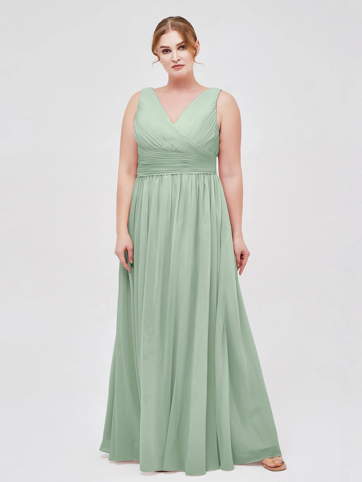 V-Ausschnitt Bodenlang Chiffon  Kleid Agavengrün - Image 7