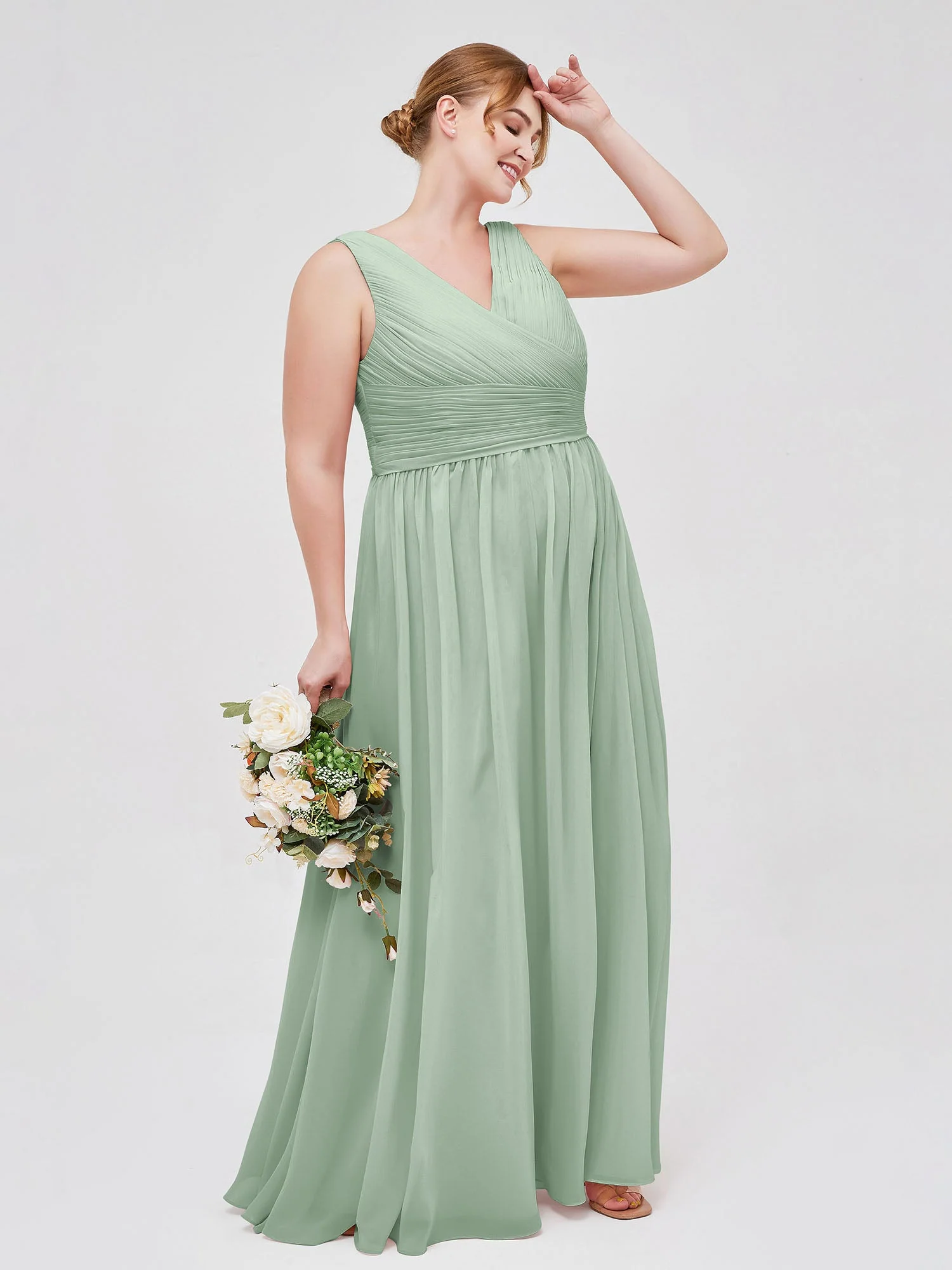 V-Ausschnitt Bodenlang Chiffon  Kleid Agavengrün - Image 9