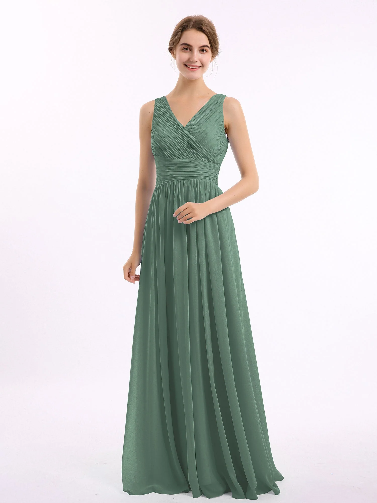 V-Ausschnitt Bodenlang Chiffon Kleid Eukalyptus