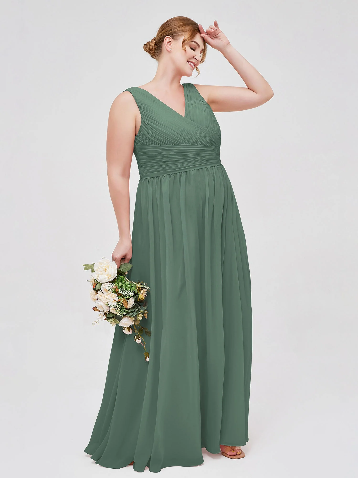 V-Ausschnitt Bodenlang Chiffon Kleid Eukalyptus - Image 9