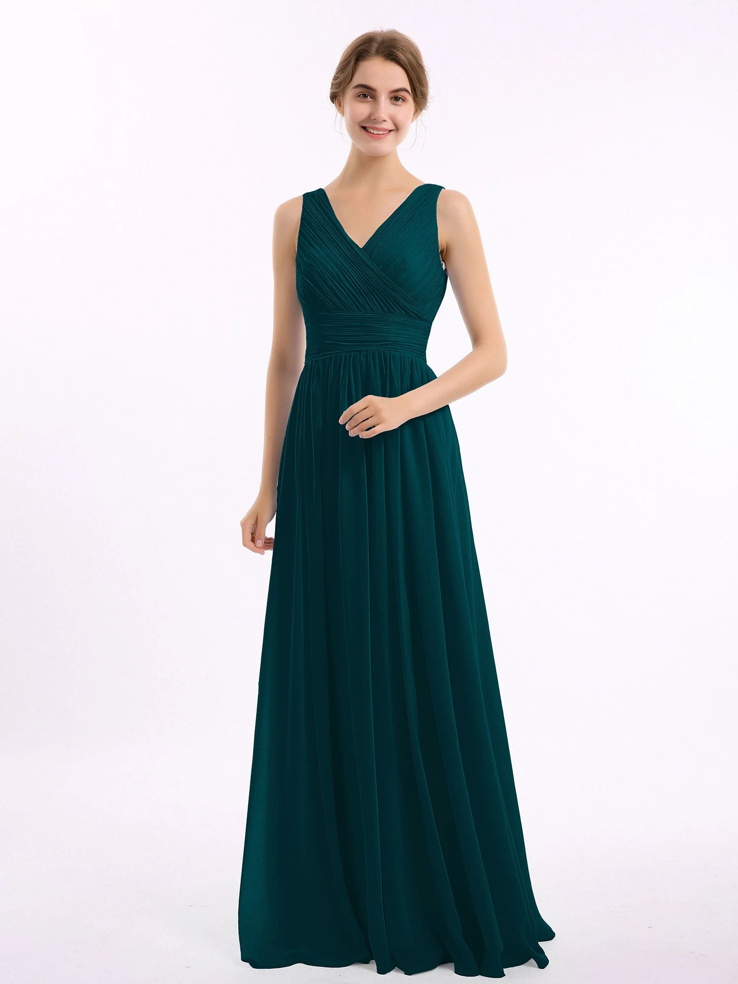 V-Ausschnitt Bodenlang Chiffon Kleid Kieferngrün