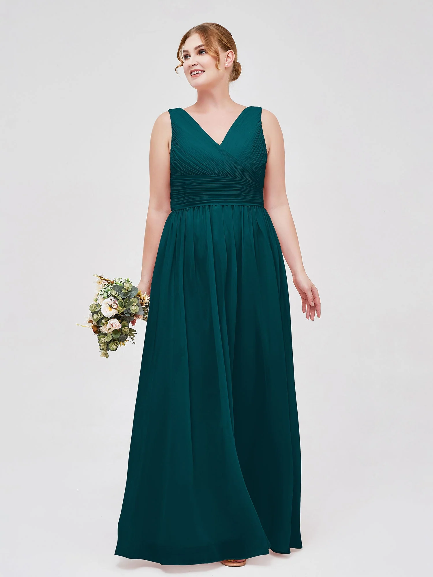 V-Ausschnitt Bodenlang Chiffon Kleid Kieferngrün - Image 10