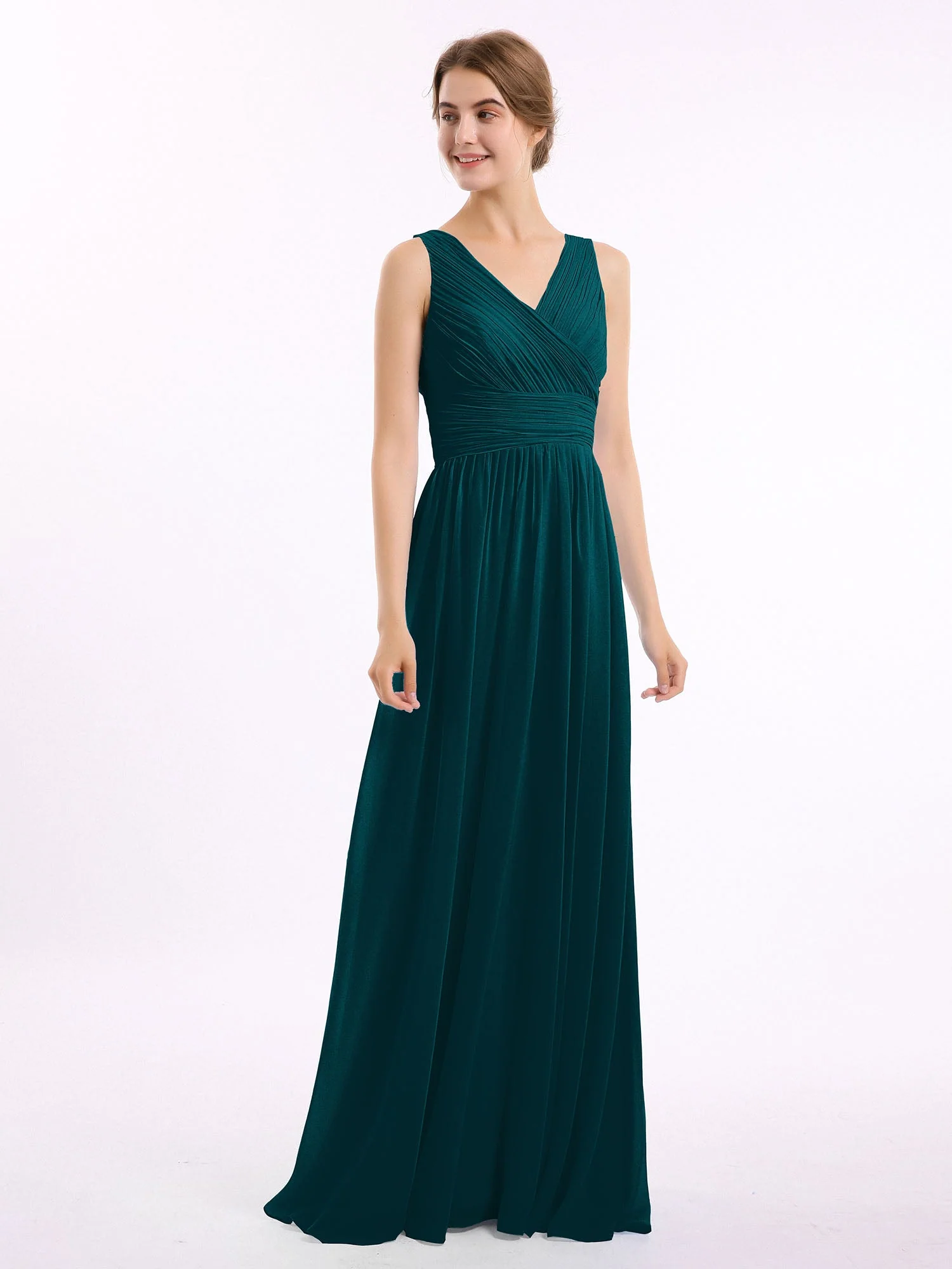V-Ausschnitt Bodenlang Chiffon Kleid Kieferngrün - Image 3