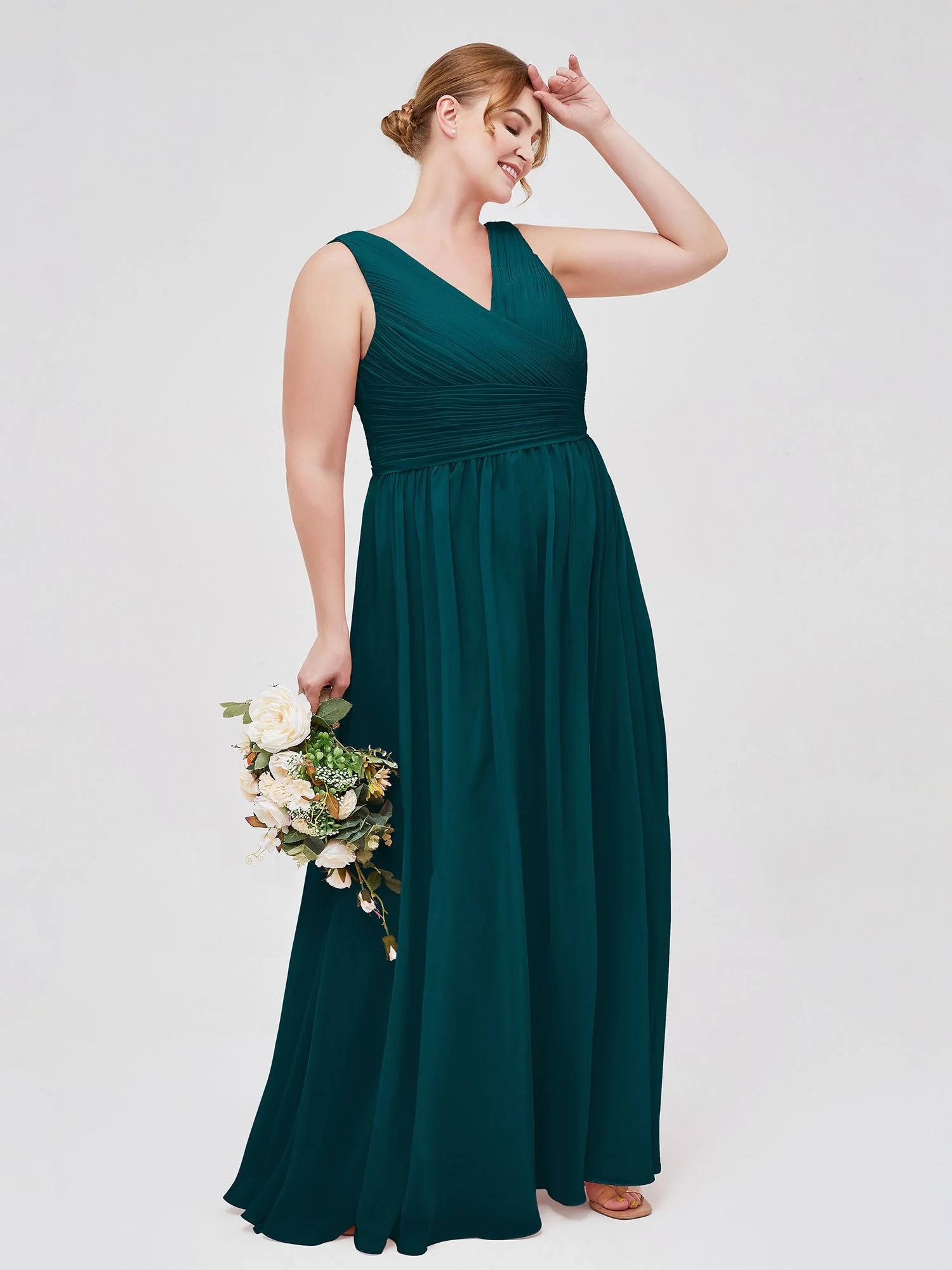 V-Ausschnitt Bodenlang Chiffon Kleid Kieferngrün - Image 9