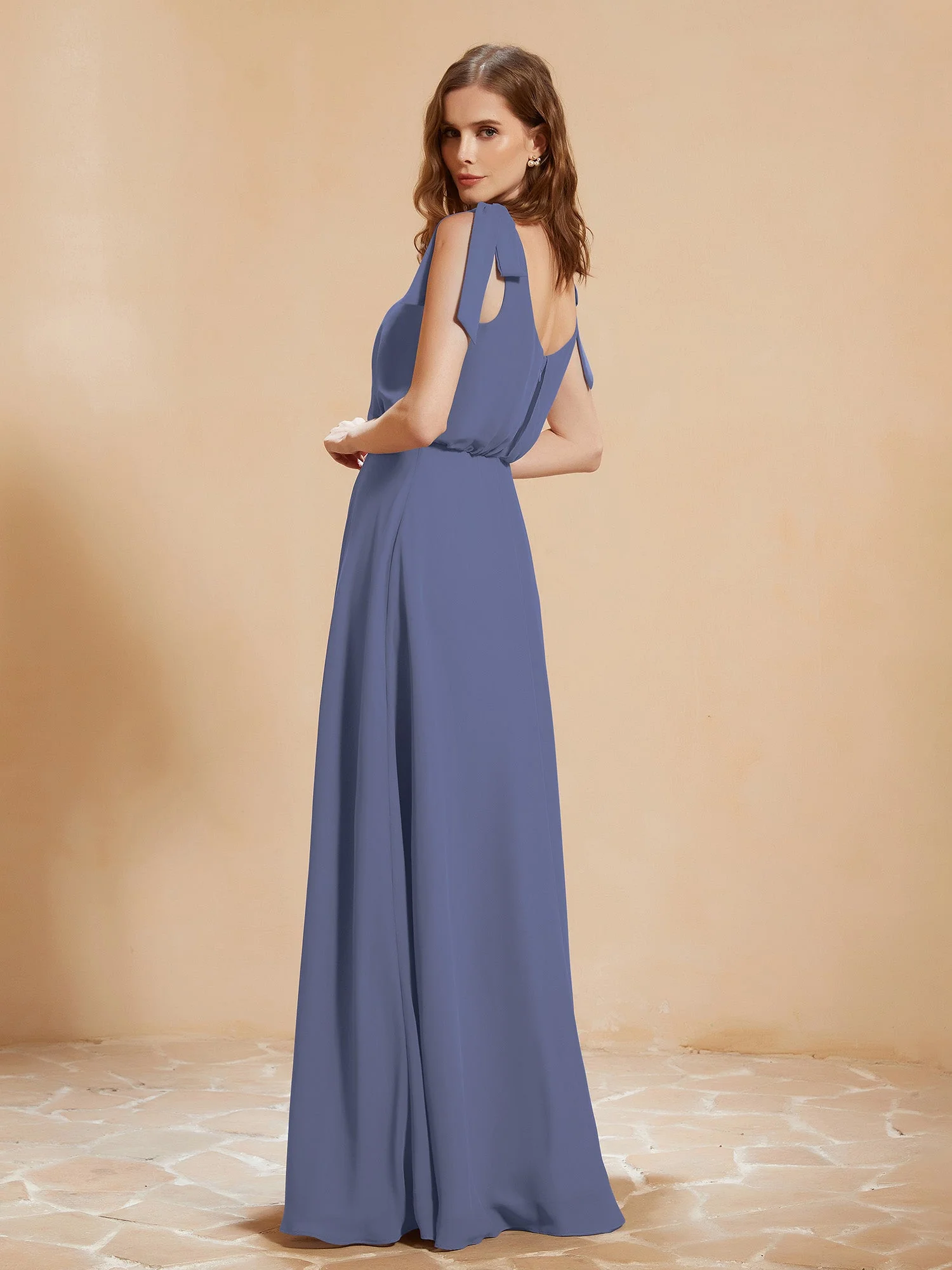 V-Ausschnitt Bodenlang Chiffon Kleid mit Schlitz Periwinkleblau - Image 2