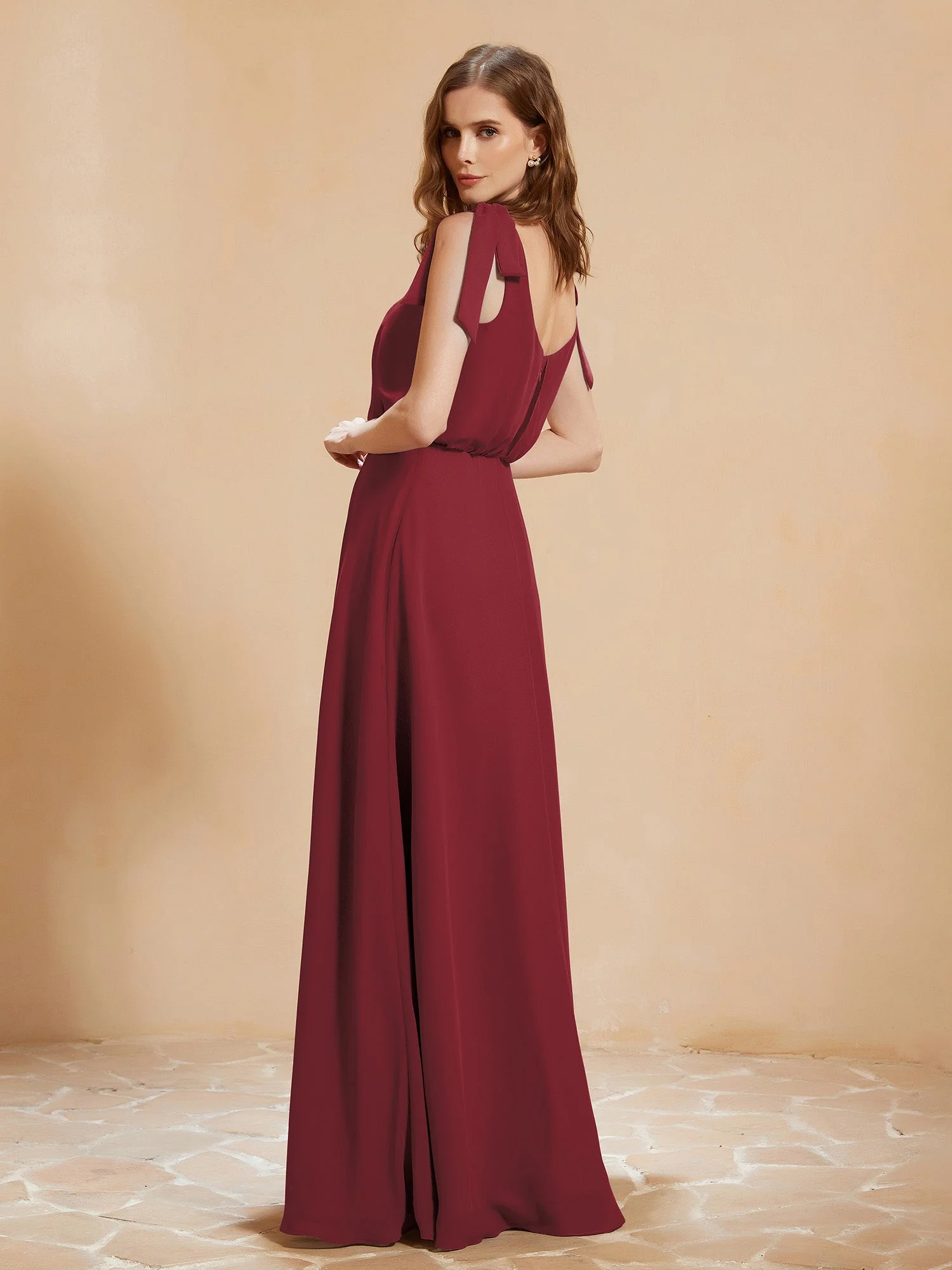 V-Ausschnitt Bodenlang Chiffon Kleid mit Schlitz Zimtrose - Image 2