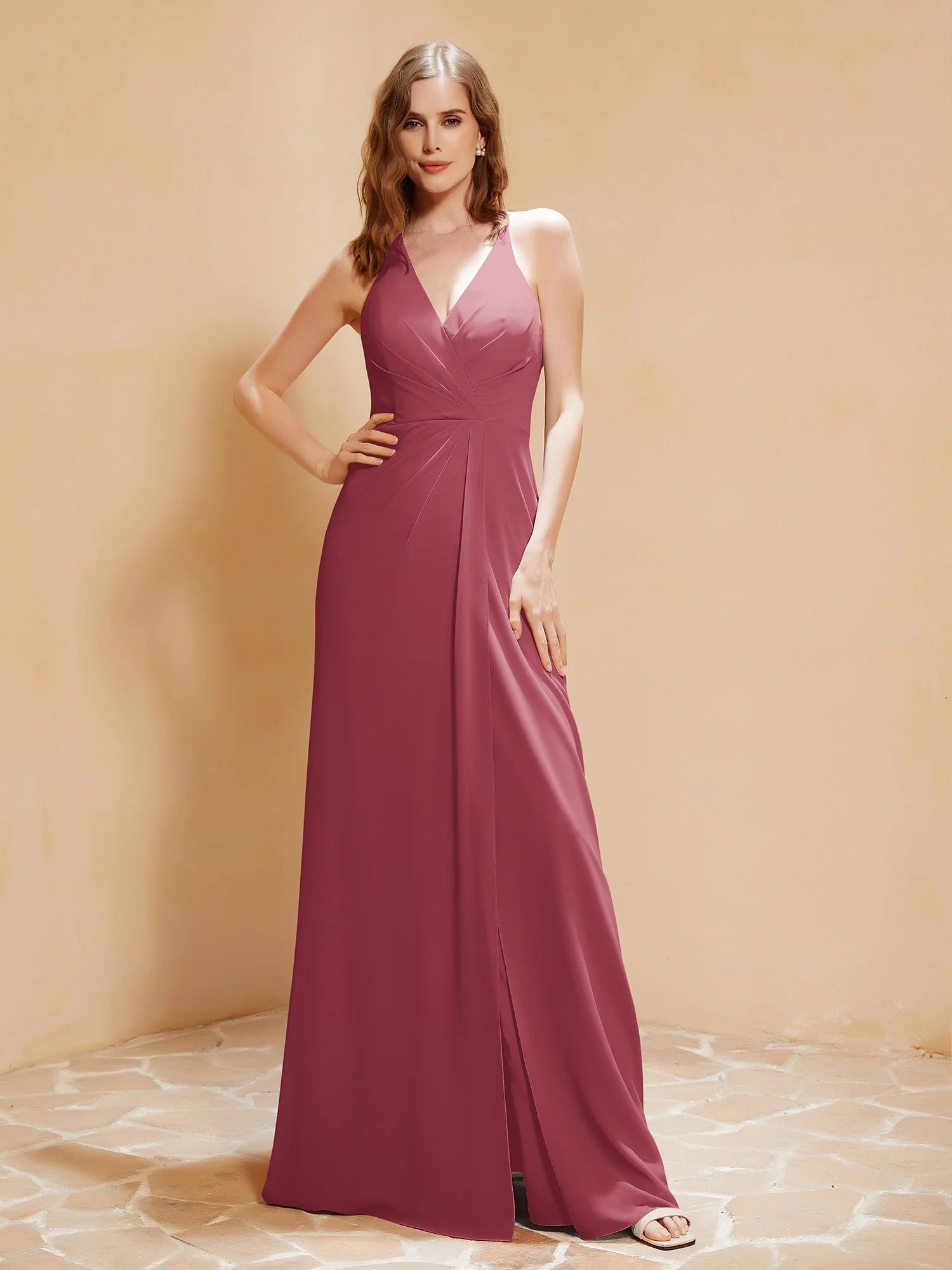 V-Ausschnitt Bodenlang Kleid mit Schlitz Zimtrose