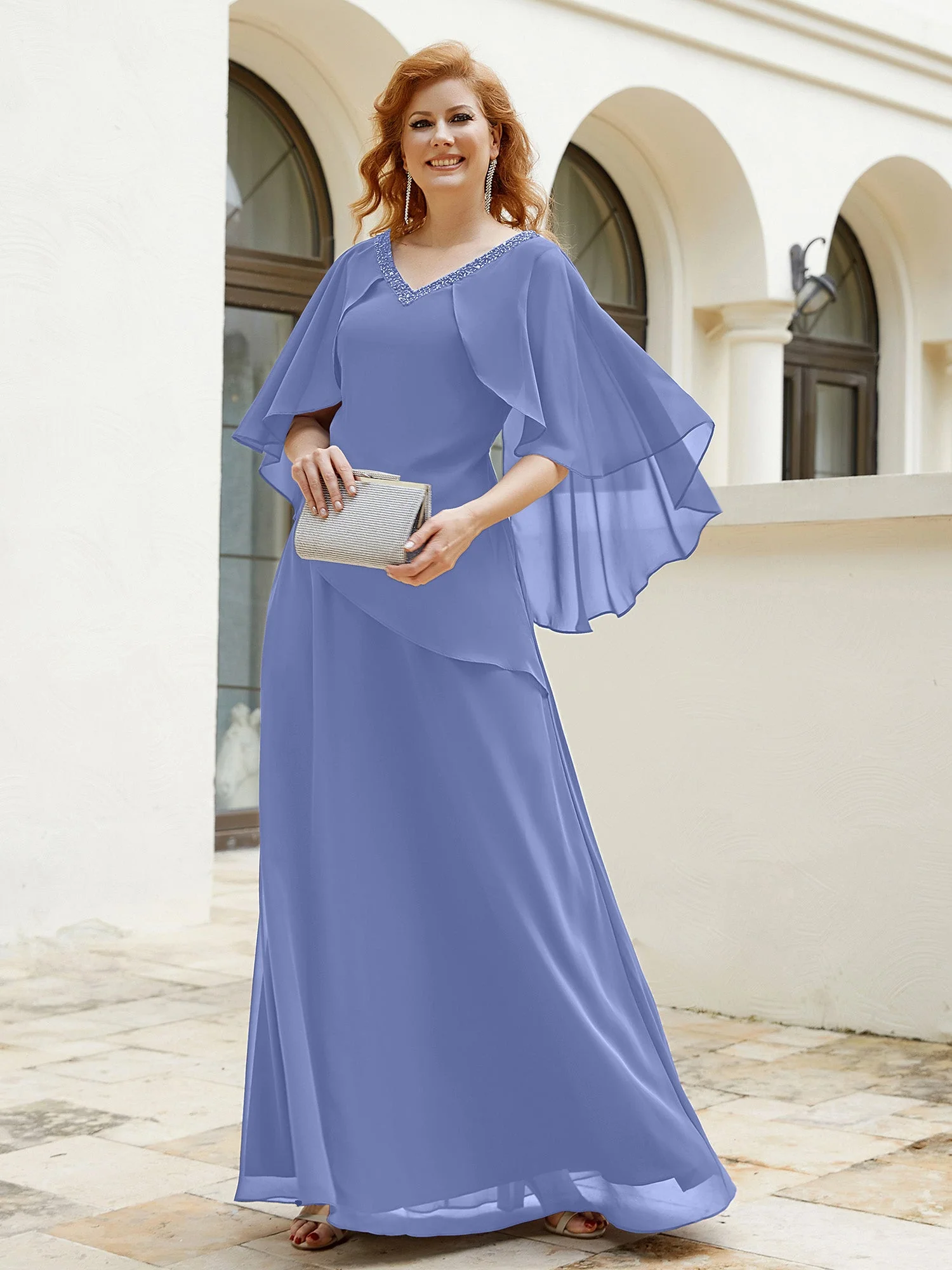 V-Ausschnitt Bodenlanges Kleid mit Perlen Periwinkleblau Übergröße