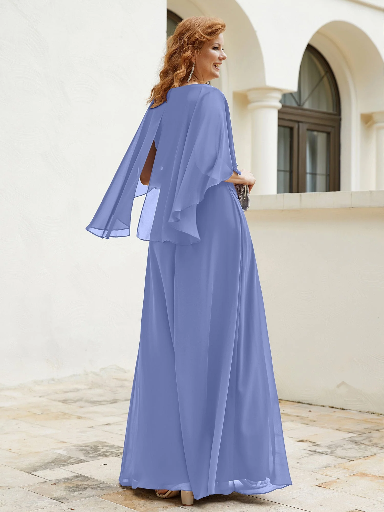 V-Ausschnitt Bodenlanges Kleid mit Perlen Periwinkleblau Übergröße - Image 2
